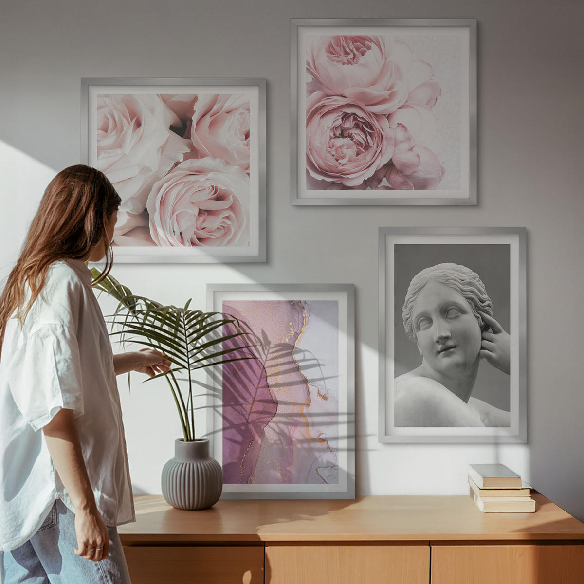 BILDER SET 4er Set - 50x50 cm & 40x60 cm Silberner Rahmen - Pfingstrosenskulptur einer Frau - Silberfarben, Kunststoff (50/50cm) - TULUP
