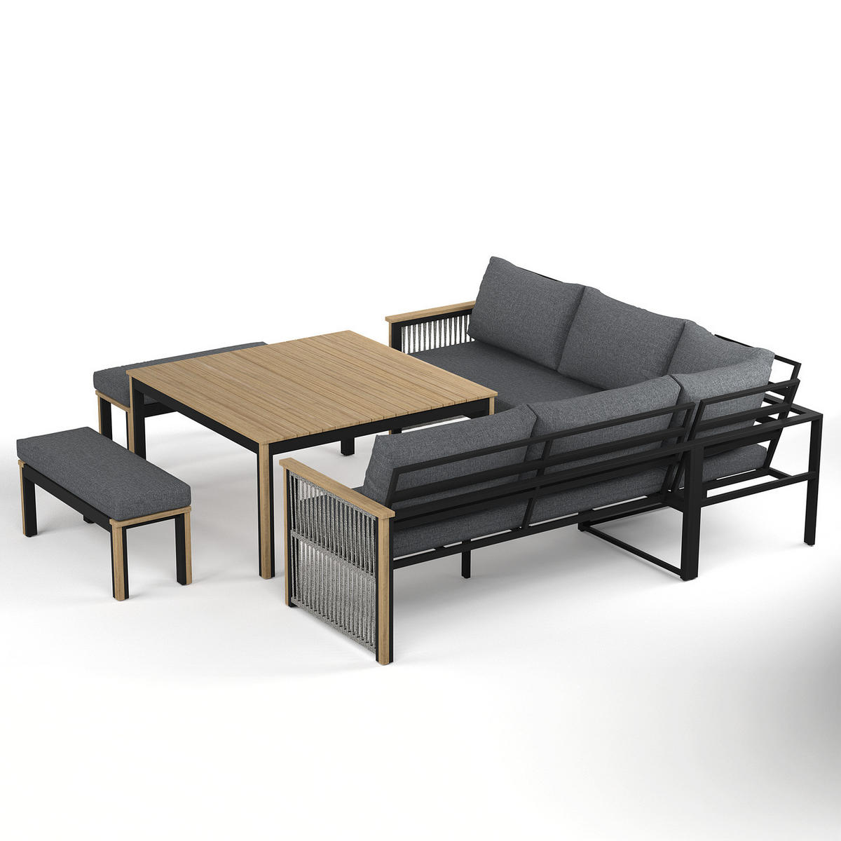 LOUNGEGRUPPE - Akazie massiv / Polyester - Braun / Anthrazit - Anthrazit, Holz/Textil - home24