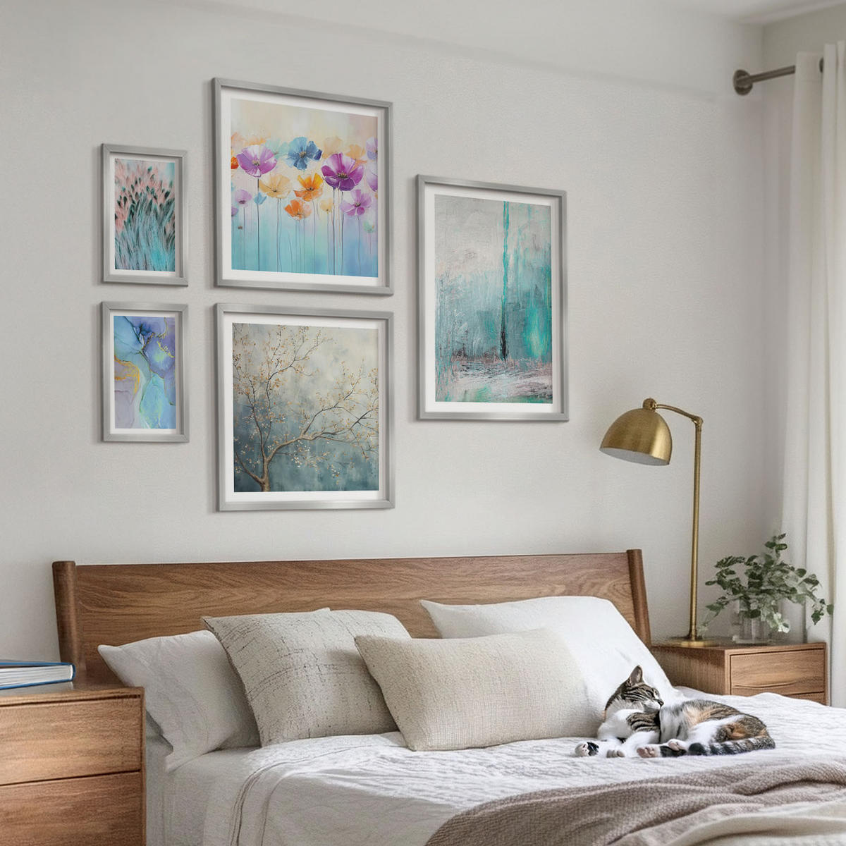 WANDBILDER 5er Set - 50x50 cm & 20x30 cm & 40x60 cm Silberner Rahmen - Leuchtturm, Landschaft, Mädchen, Pferd - Silberfarben, Kunststoff (40/60cm) - ArtPrintCave