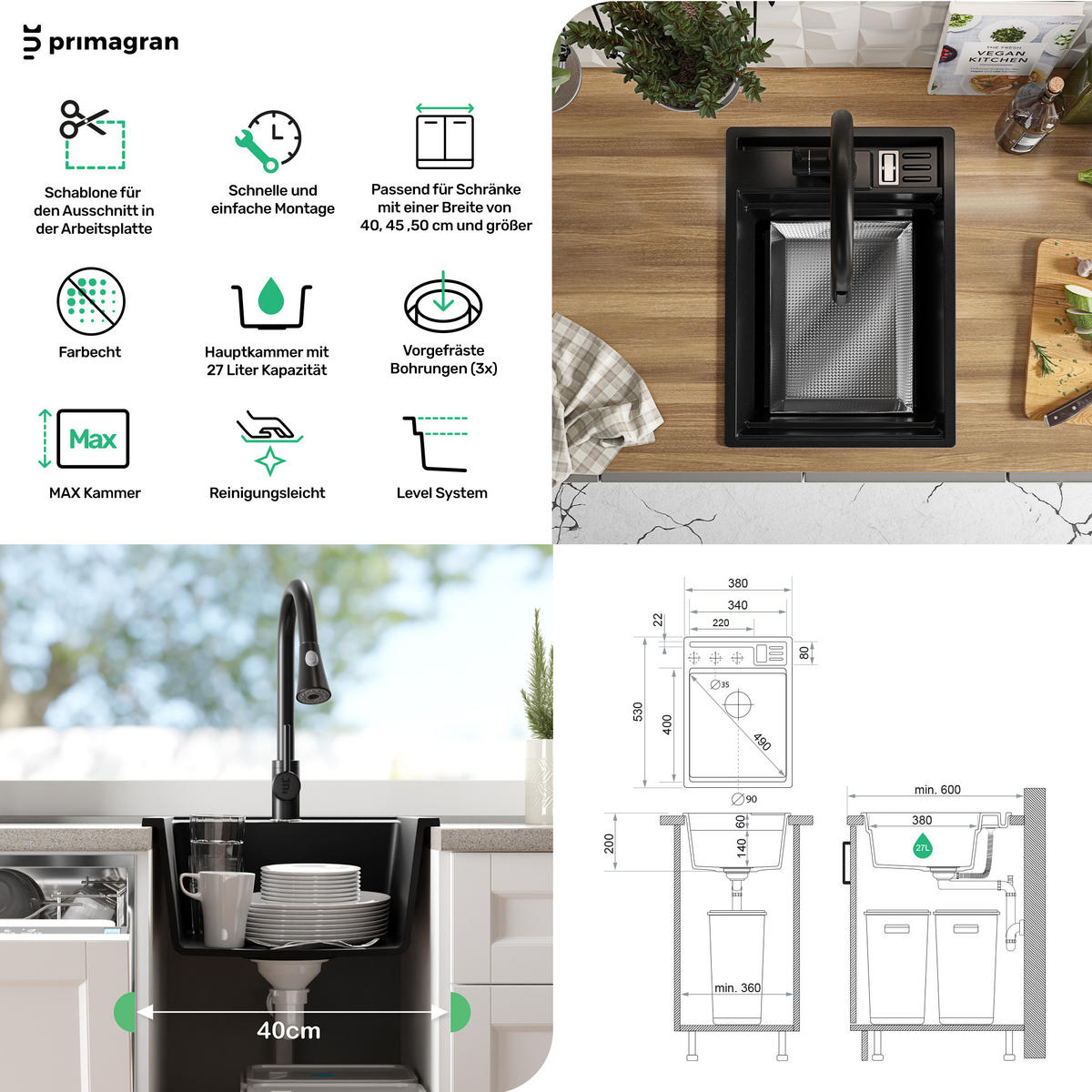 GRANITSPÜLE Oslo Pocket, 2-er set Weiß 38/53 cm 1 Becken + Küchenarmatur 40/20 cm + Ablauf-Set + Küchenzubehörset ab 40er Unterschrank - Chromfarben/Beige, Kunststoff (38/20/53cm) - Primagran