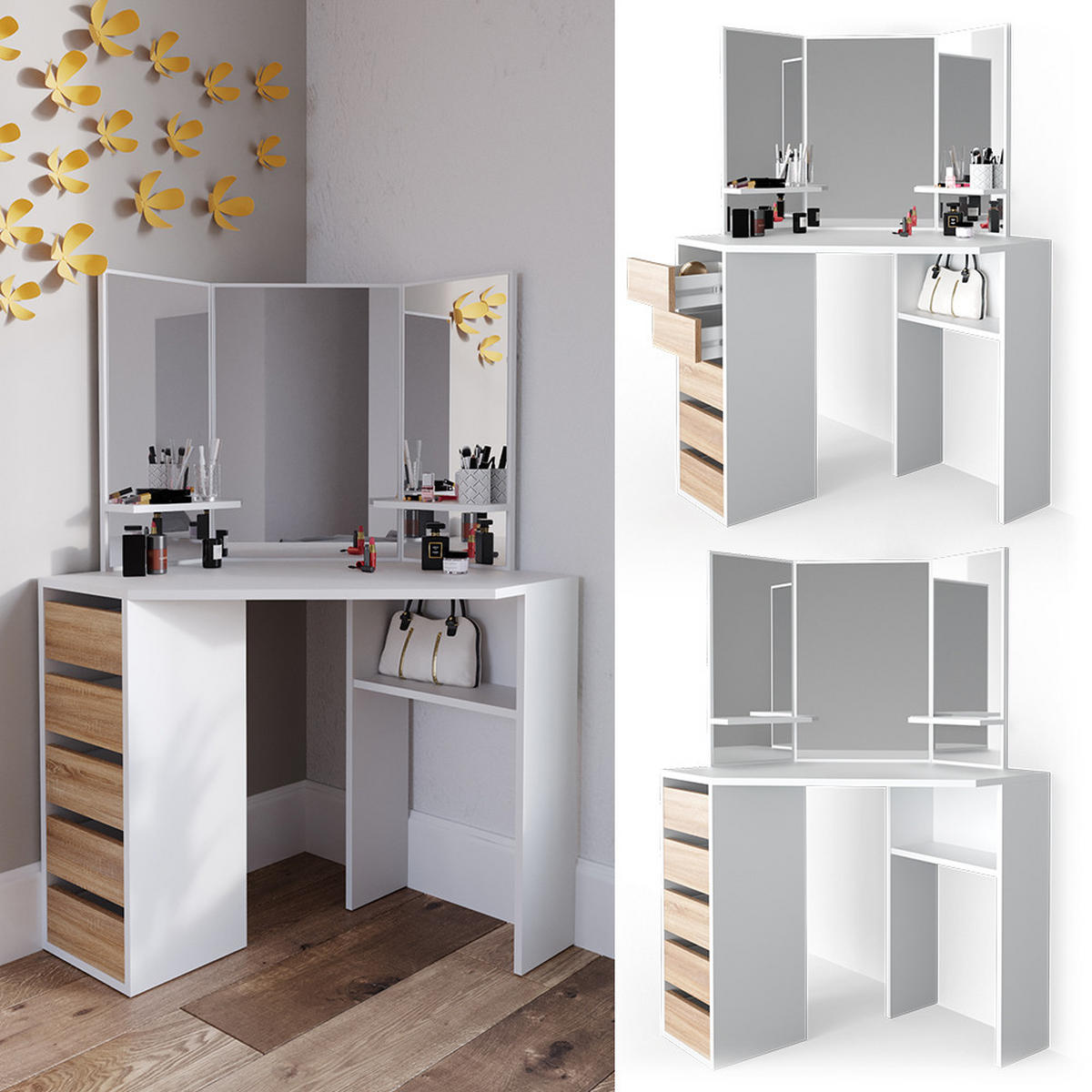 ECKSCHMINKTISCH Arielle Weiß/Sonoma 110 cm - Weiß/Sonoma Eiche, Holzwerkstoff (110/141.5/54cm) - Vicco