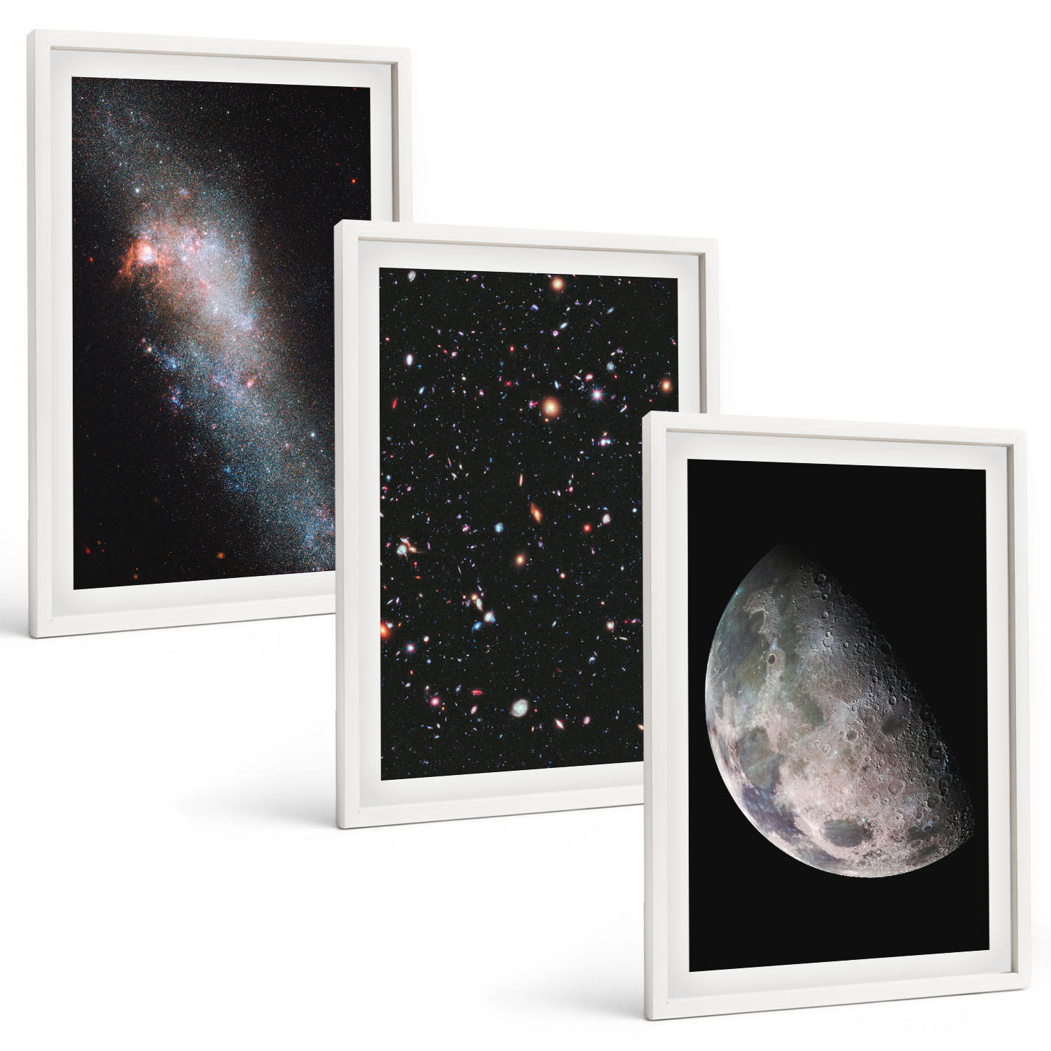 BILDER SET 3er Set - 40x60 cm Weißer Rahmen - Weltraum Galaxien Sterne Mond - Weiß, Kunststoff (40/60cm) - TULUP