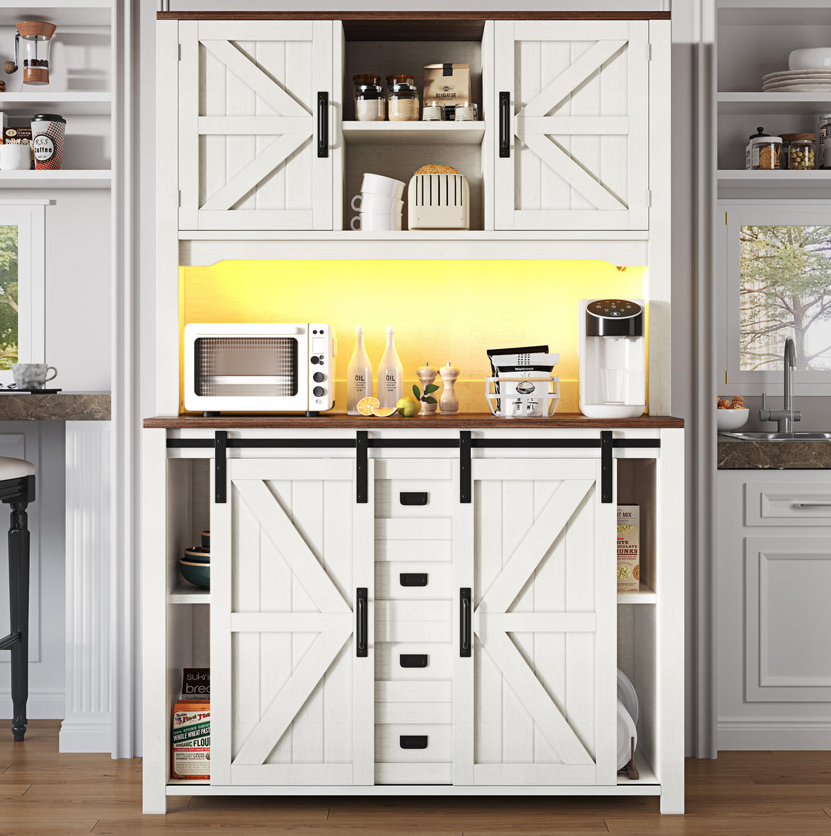 BUFFET 115/40/174,7 cm weiß aus MDF und Metall mit LED - Weiß, Holzwerkstoff (115/174.7/40cm) - OKWISH