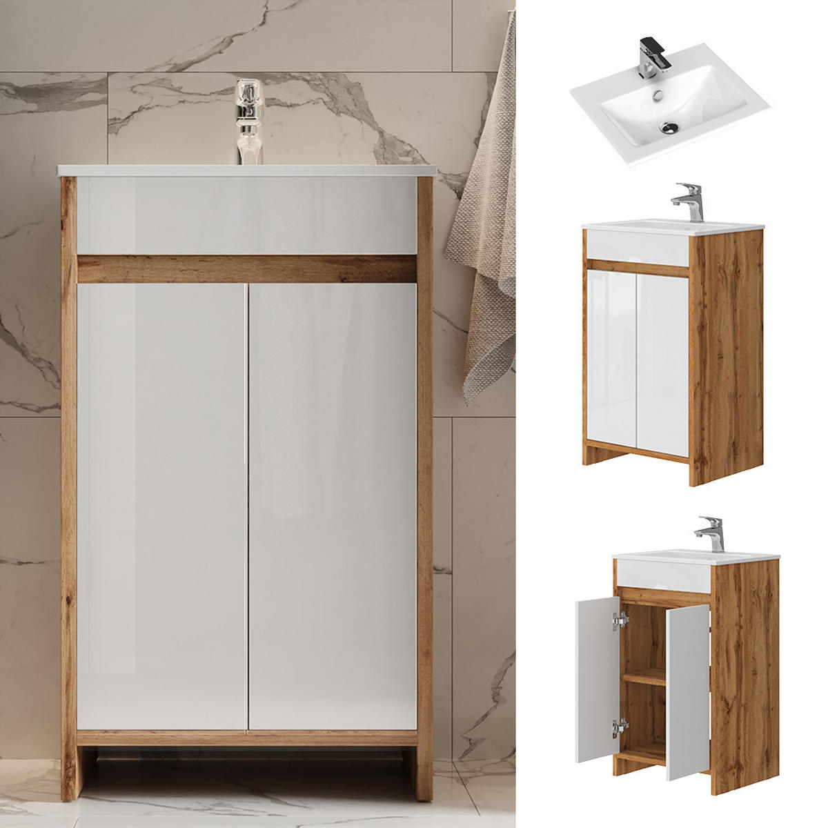 WASCHTISCHKOMBI Lemgo, Goldkraft Eiche/Weiß Hochglanz, 2 Teile, mit Waschbecken und 2 Flügeltüren - Honigeiche/Weiß Hochglanz, Holzwerkstoff (49/81/40cm) - Vicco