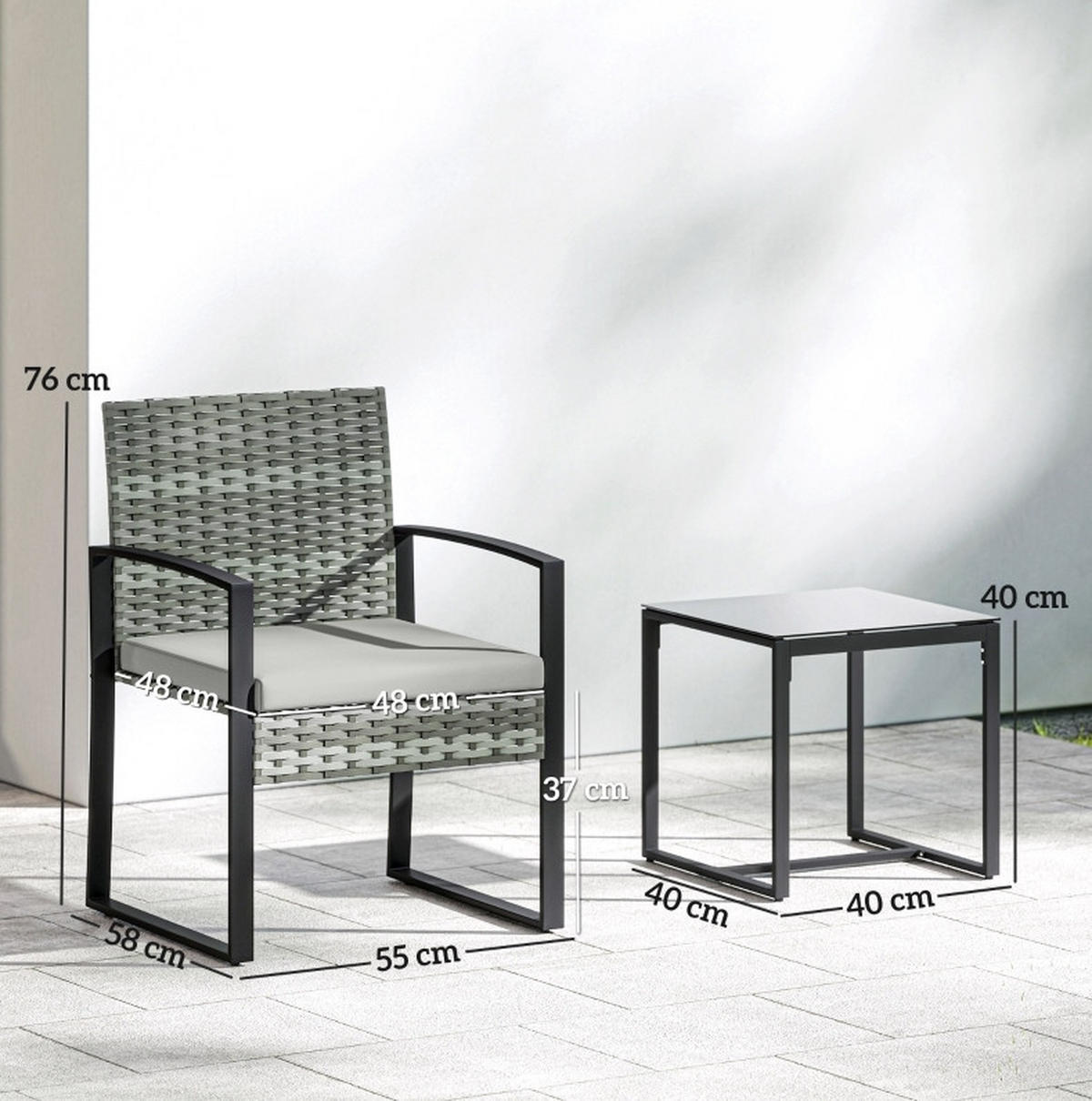 BALKONSET 55/58/76 cm hellgrau aus Stahl mit 2 Sesseln und Tisch - Hellgrau, Metall - OKWISH