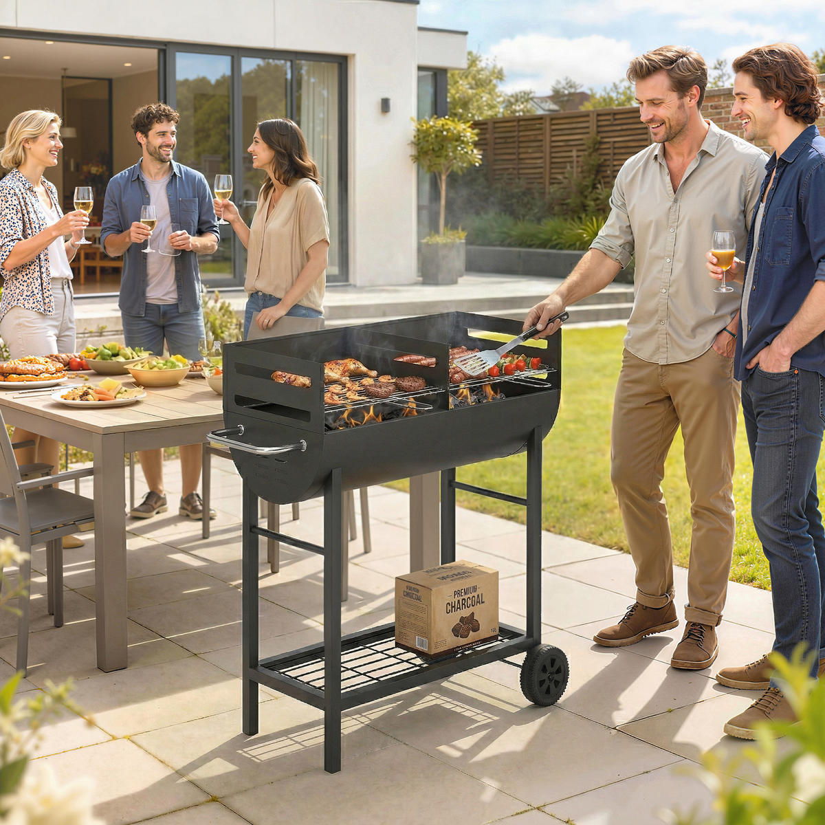 HOLZKOHLEGRILL mit Räder aus Metall Schwarz - Schwarz, Metall (46.5/100/103cm) - Outsunny
