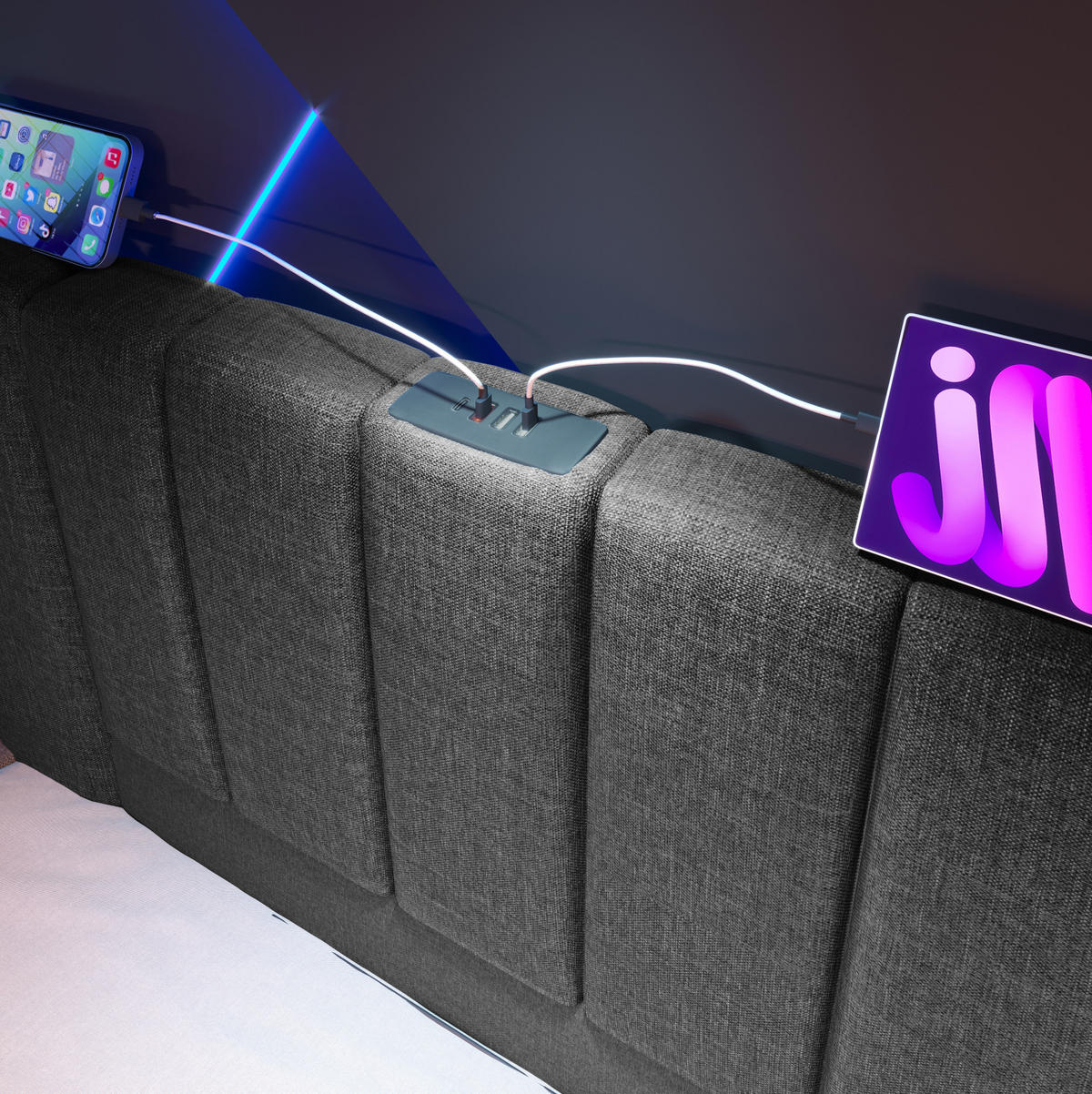 POLSTERBETT 180/200 cm Grau aus Leinen mit LED und Ladefunktion - Grau, Textil (180/200cm) - OKMYHOME