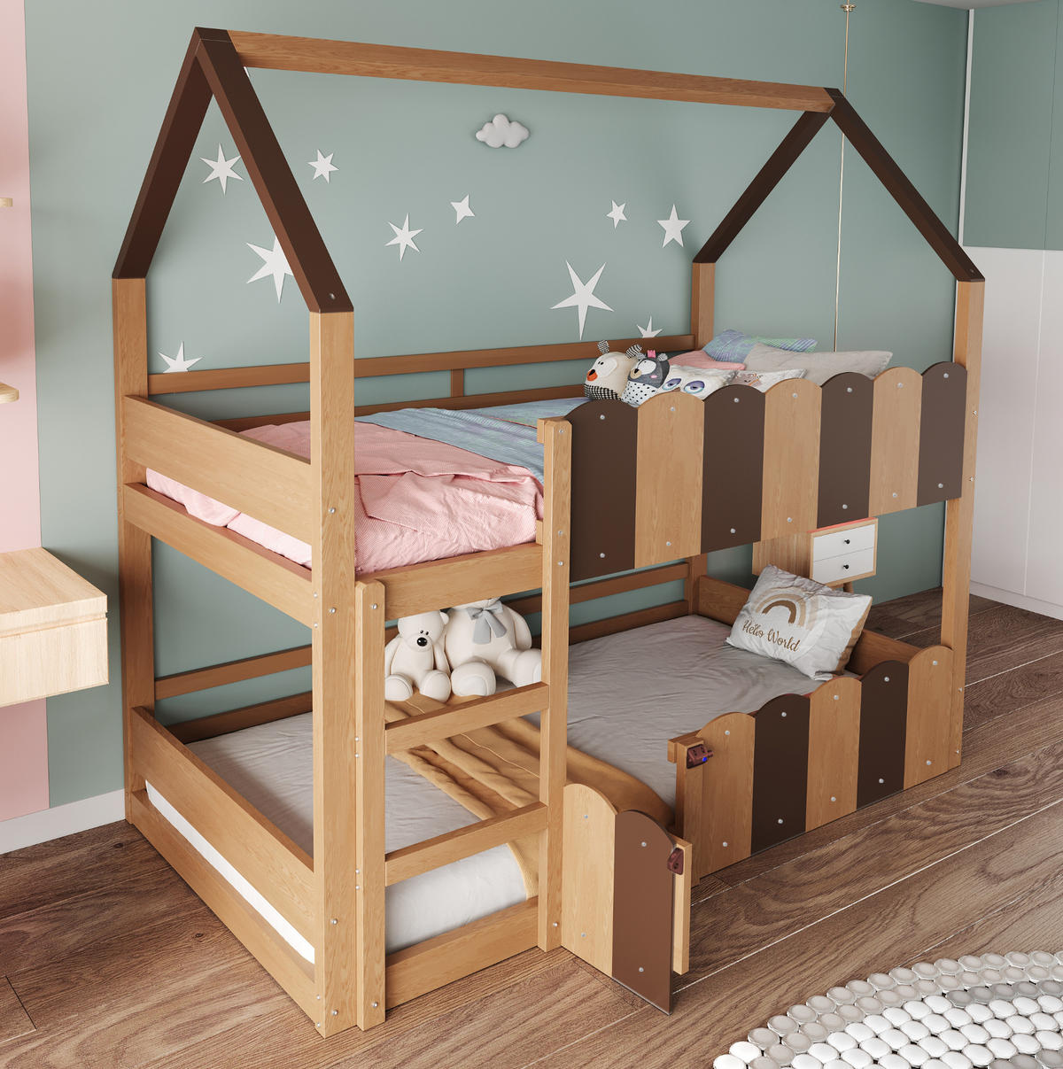 HAUSBETT 90/200 cm in Naturholz mit Hausdesign und Sicherheitsgeländern - Naturfarben, Holz (90/200cm) - BEAOK