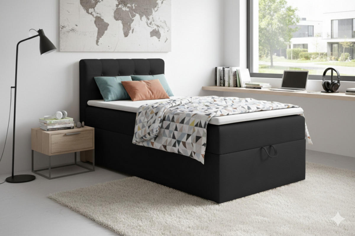 BOXBETT TEEN 3 90/200 Velours Schwarz H4 - Schwarz, Holz/Holzwerkstoff (90/200cm) - Deine Möbel 24