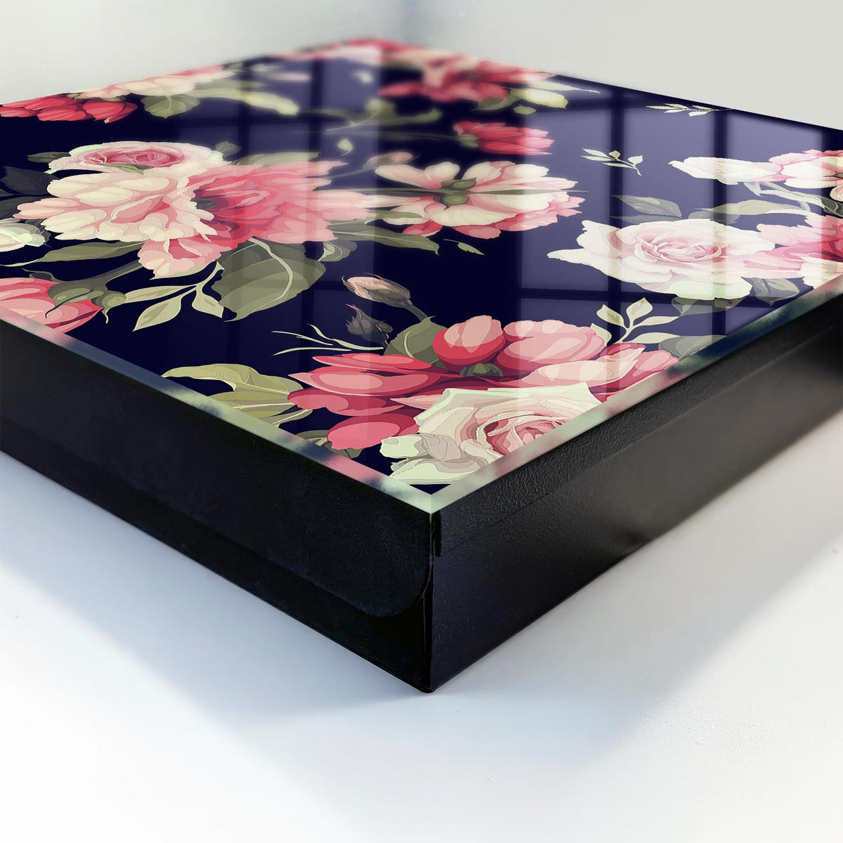 SCHLÜSSELBOX Schwarz 30x30 cm- Türöffnung nach rechts - Romantische Blumen - Dunkelblau, Metall (30/30/5cm) - TULUP