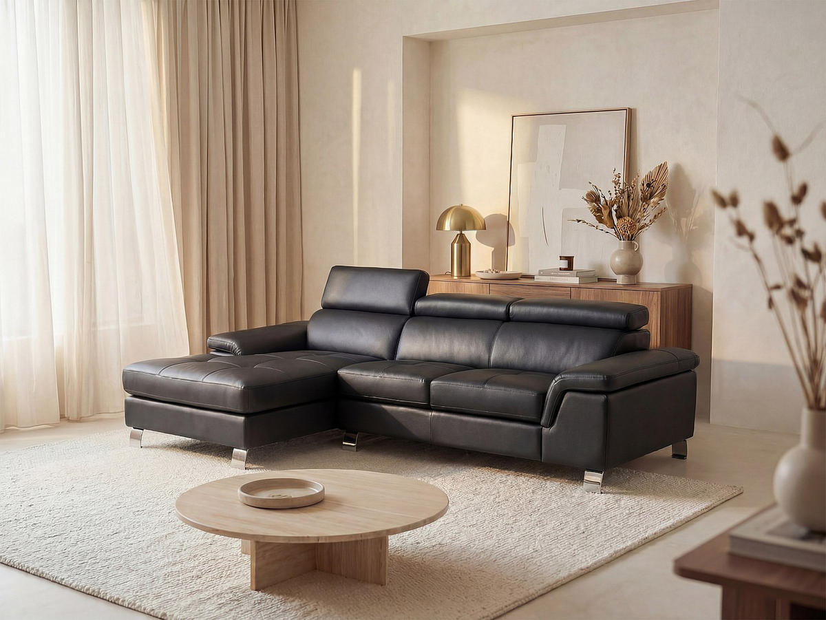 SOFA - 4 Personen - leder - schwarz Mishima - Schwarz, Leder/Metall (260/79/167cm) - Vente-Unique