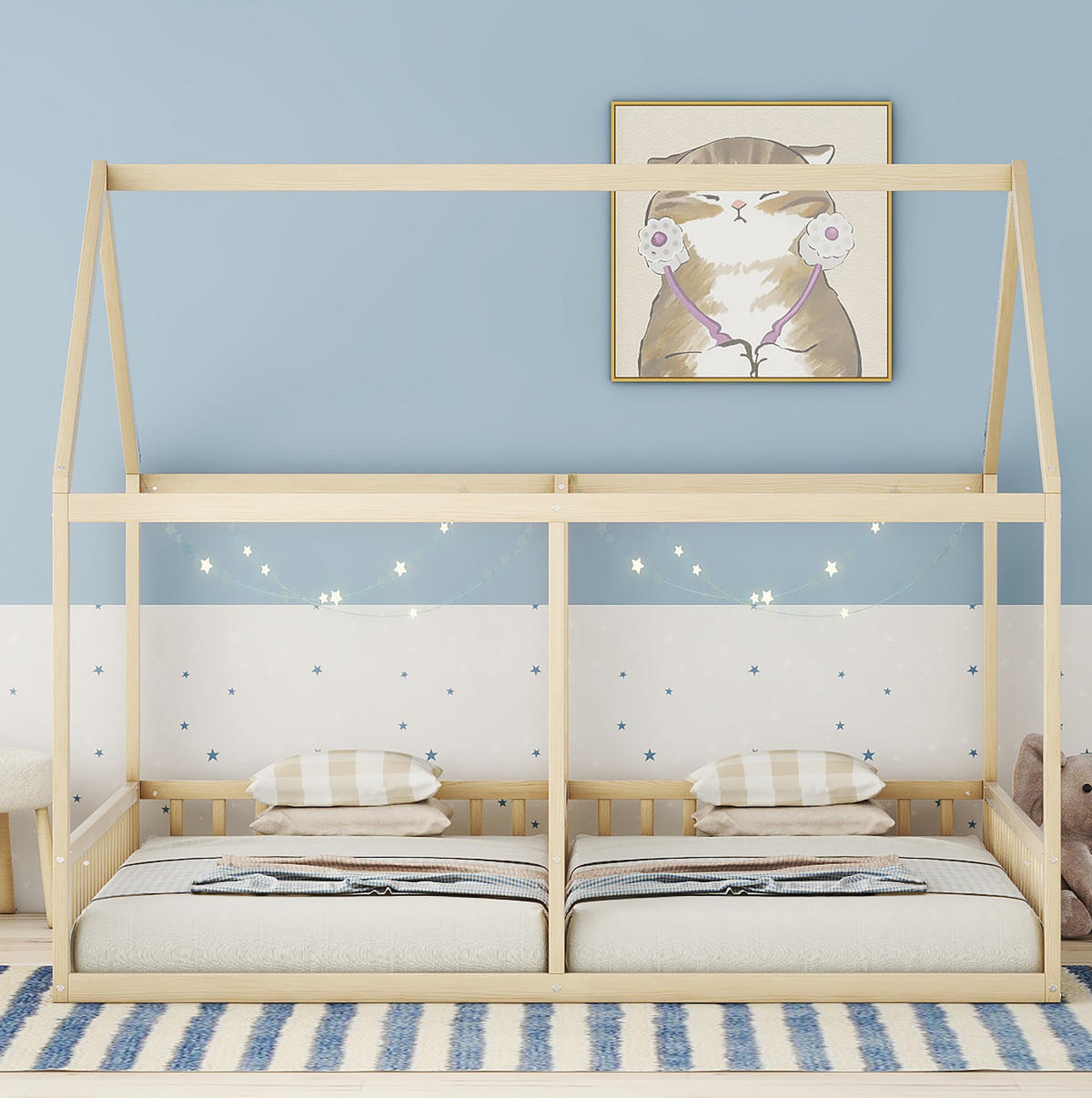 DĚTSKÁ postel 90/200 cm přírodní z borovice a MDF s domečkem a zábradlím - přírodní, dřevo (90/200cm) - OKWISH