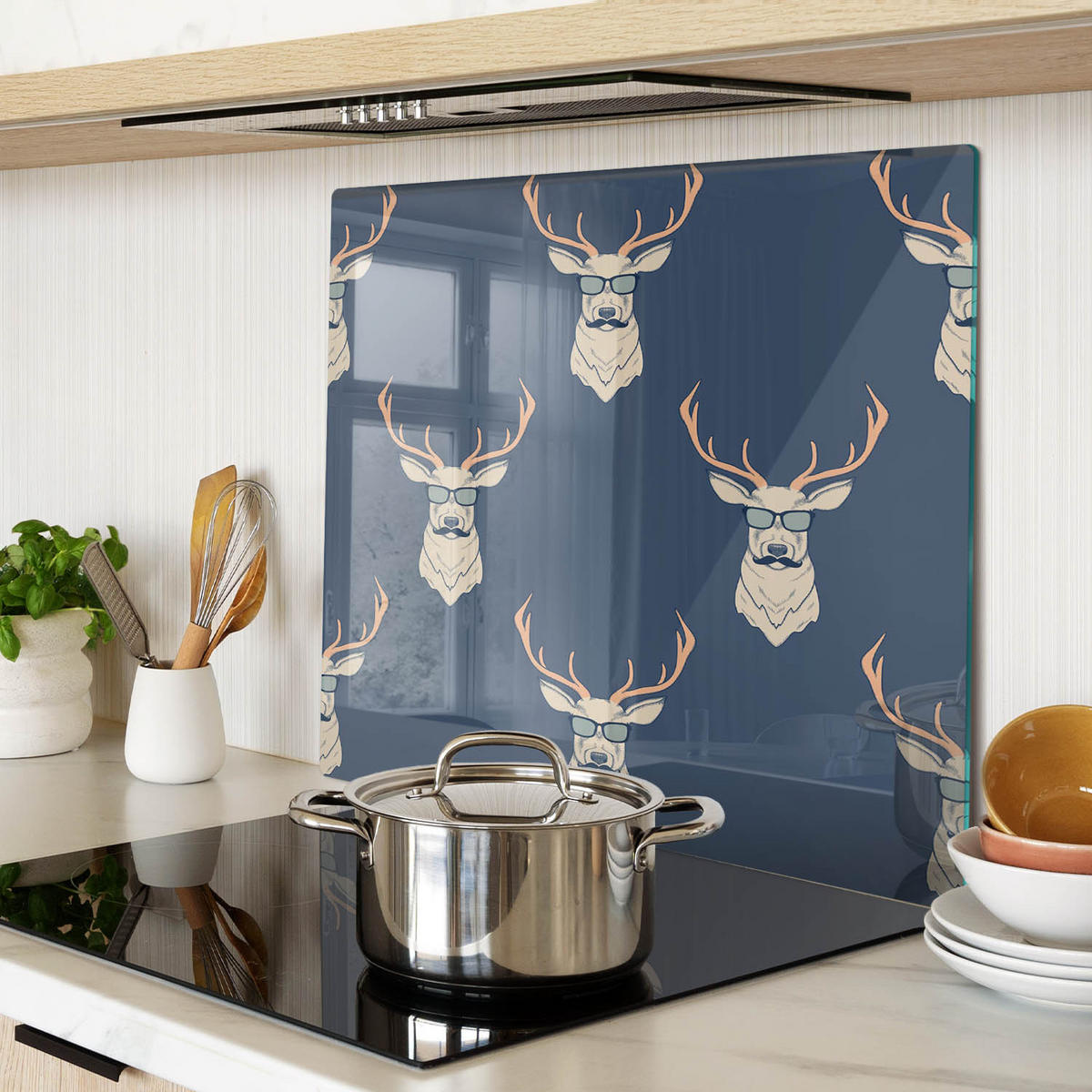 GLASPLATTE 60x52 cm Hipster Hirsch - Weiß Hochglanz/Grau, Glas (60/0.4/52cm) - TULUP