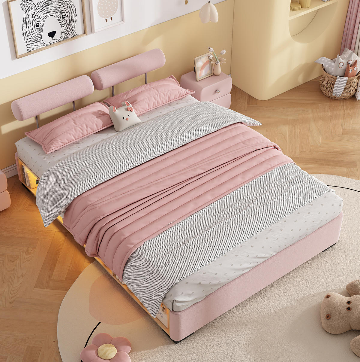 POLSTERBETT Rosa 140/200 cm mit LED und Stauraumfächern ohne Matratze - Pink, Textil (140/200cm) - MIVRAY