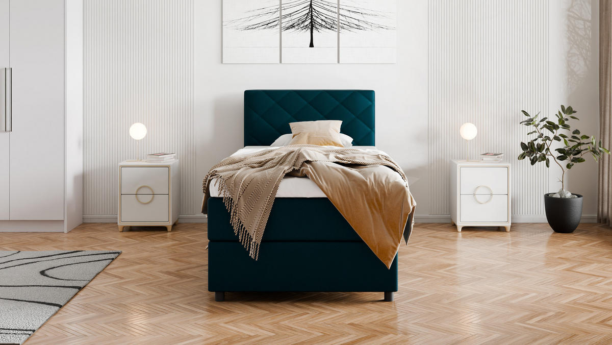 BOXBETT Diamaro 100x200 cm mit Bettkasten und Topper - Dunkeltürkis - Türkis, Holz (100/200cm) - Panda Möbel