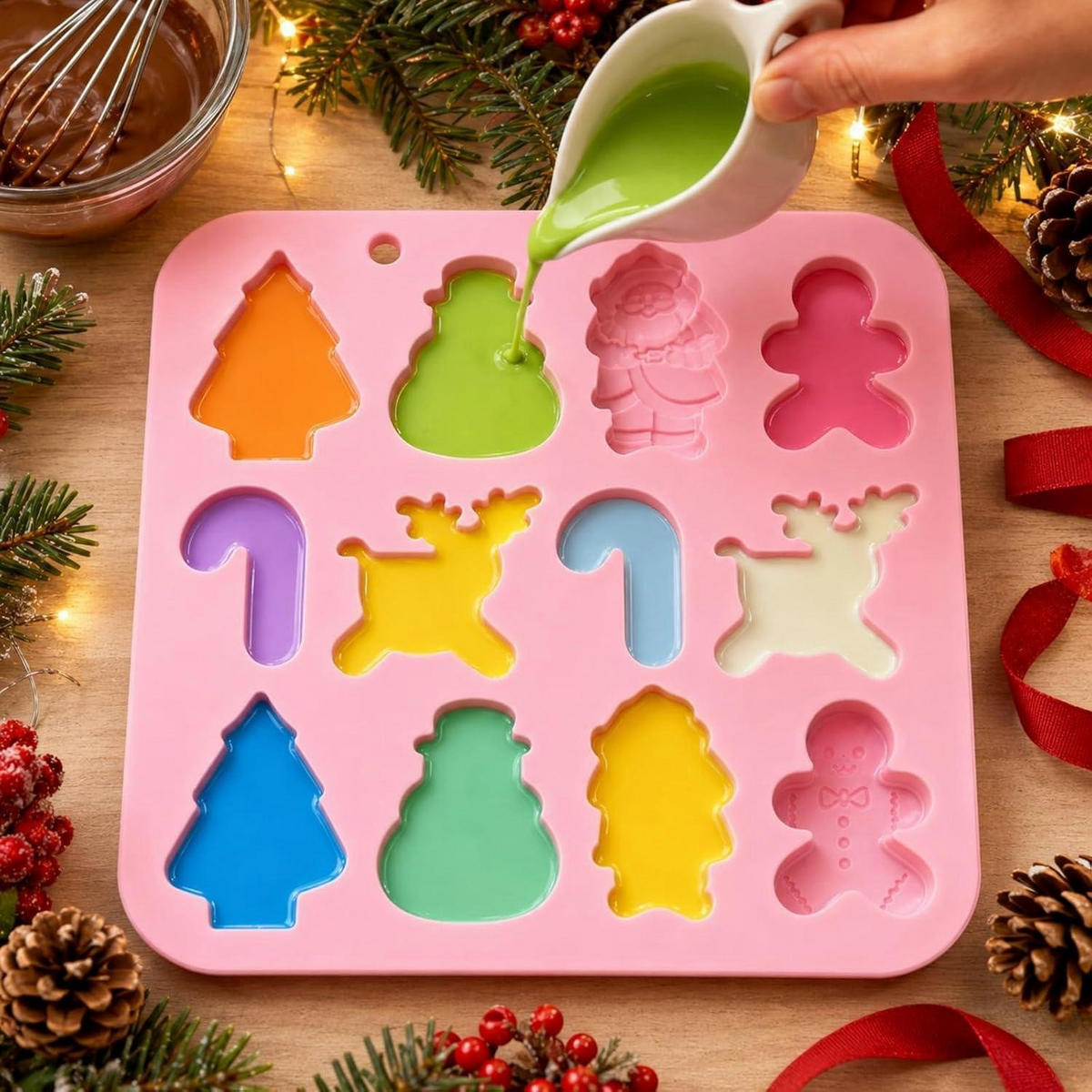 SILIKONFORM Weihnachten 12 Mulden Lebkuchenmann Schneemann Elch - Rosa, Kunststoff