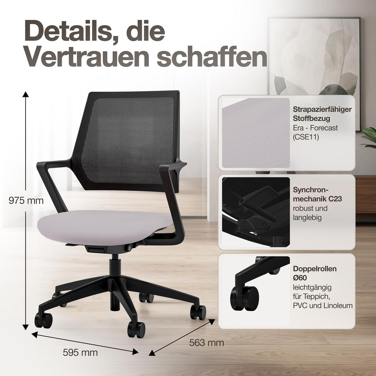 DREHSTUHL Ergonomischer Bürostuhl Asolo mit Netzrücken / Hellgrau Netzrücken für Luftzirkulation - Hellgrau, Textil (59.5/97.5/45cm) - ASSMANN
