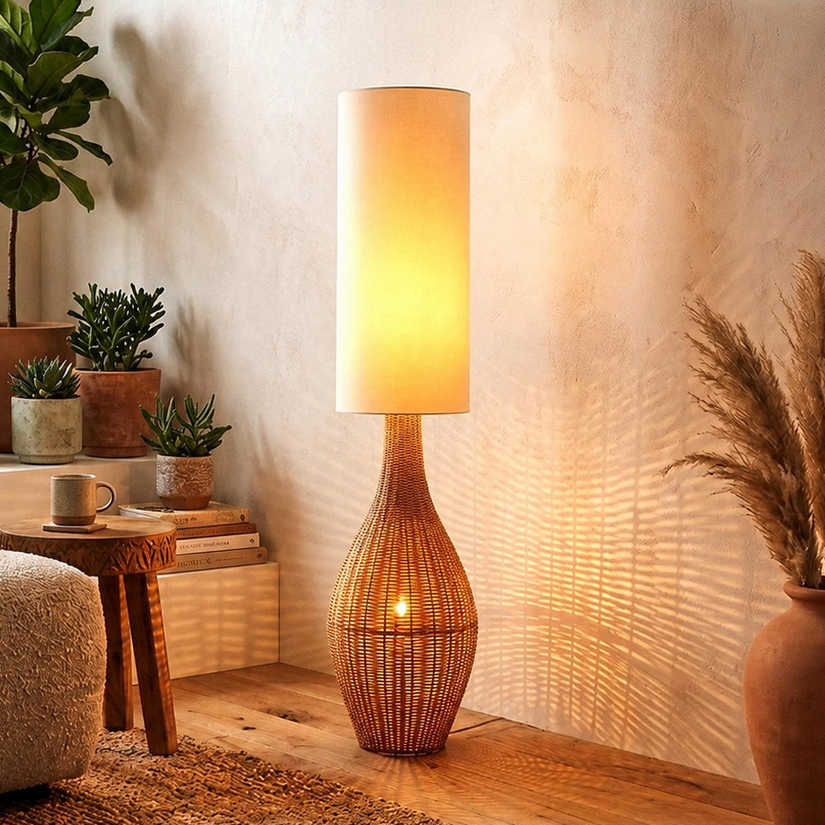 LED STEHLEUCHTE ANKO Rattan Optik Braun Weiß - Braun, Metall (27/27/125cm) - Nowa