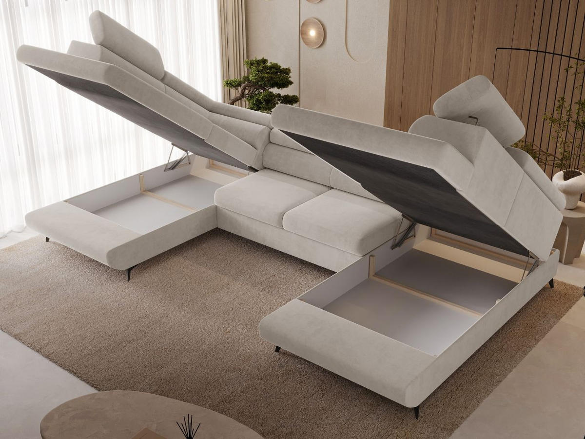 ECKSOFA U Argon Ecru - Ecru/Schwarz, Holz/Textil (322/190cm) - Graingold