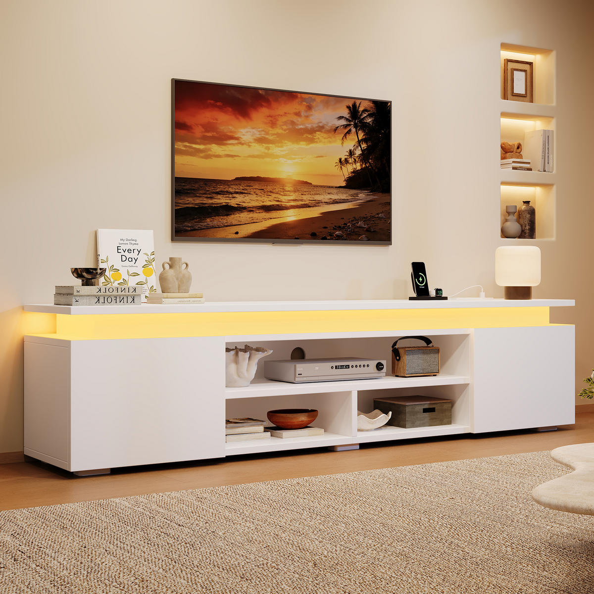 TV niska komoda 180/35/42 cm u bijeloj boji s RGB LED rasvjetom i prostorom za odlaganje - bijela/crna, drvni materijal (180/42/35cm) - CHICFURN