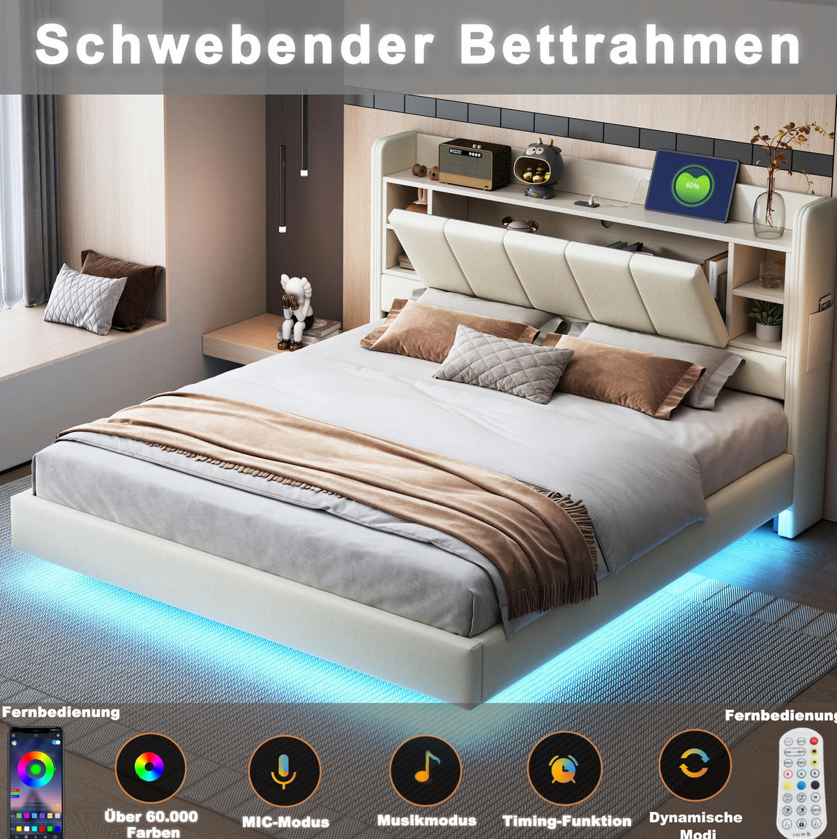 POLSTERBETT mit Stauraum, LED und USB 140x200 cm Beige - Beige, Metall (140/200cm) - Meubliv