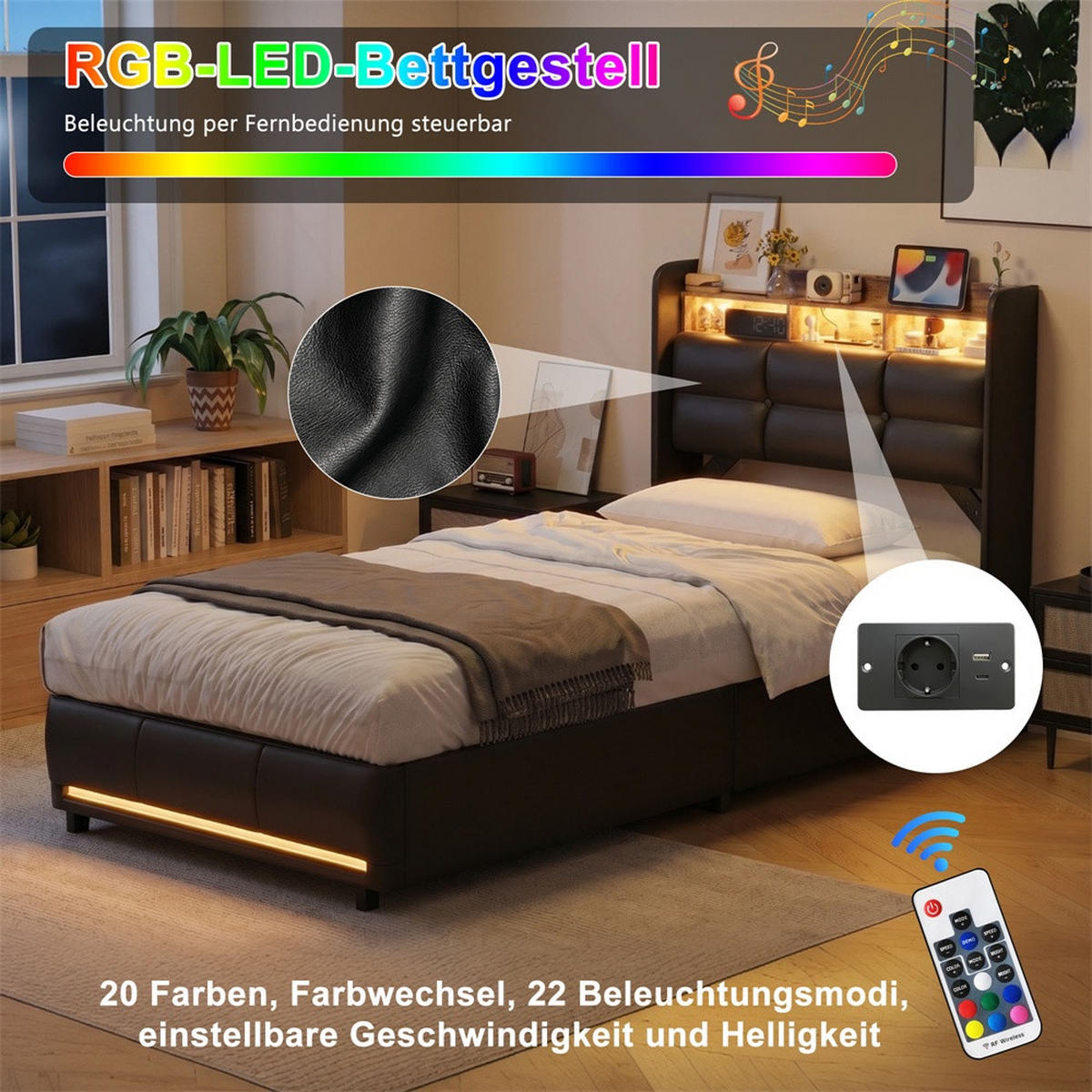 POLSTERBETT 90x200 cm mit hydraulischem Stauraum - mit Stauraum Kopfteil und LED-Beleuchtung - Schwarz - Schwarz, Textil (90/200cm) - DELFA