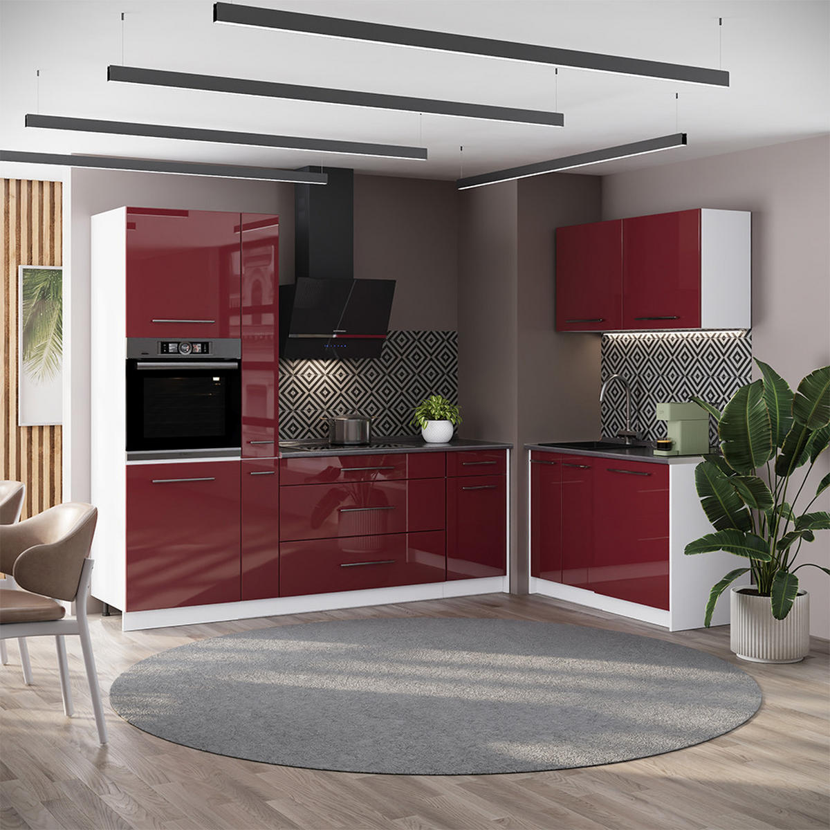 KÜCHENZEILE Fame-Line, Bordeaux Hochglanz/Weiß, 220 x 120 cm, AP Anthrazit - Bordeaux/Weiß, Holzwerkstoff (220/206.8/60cm) - Vicco