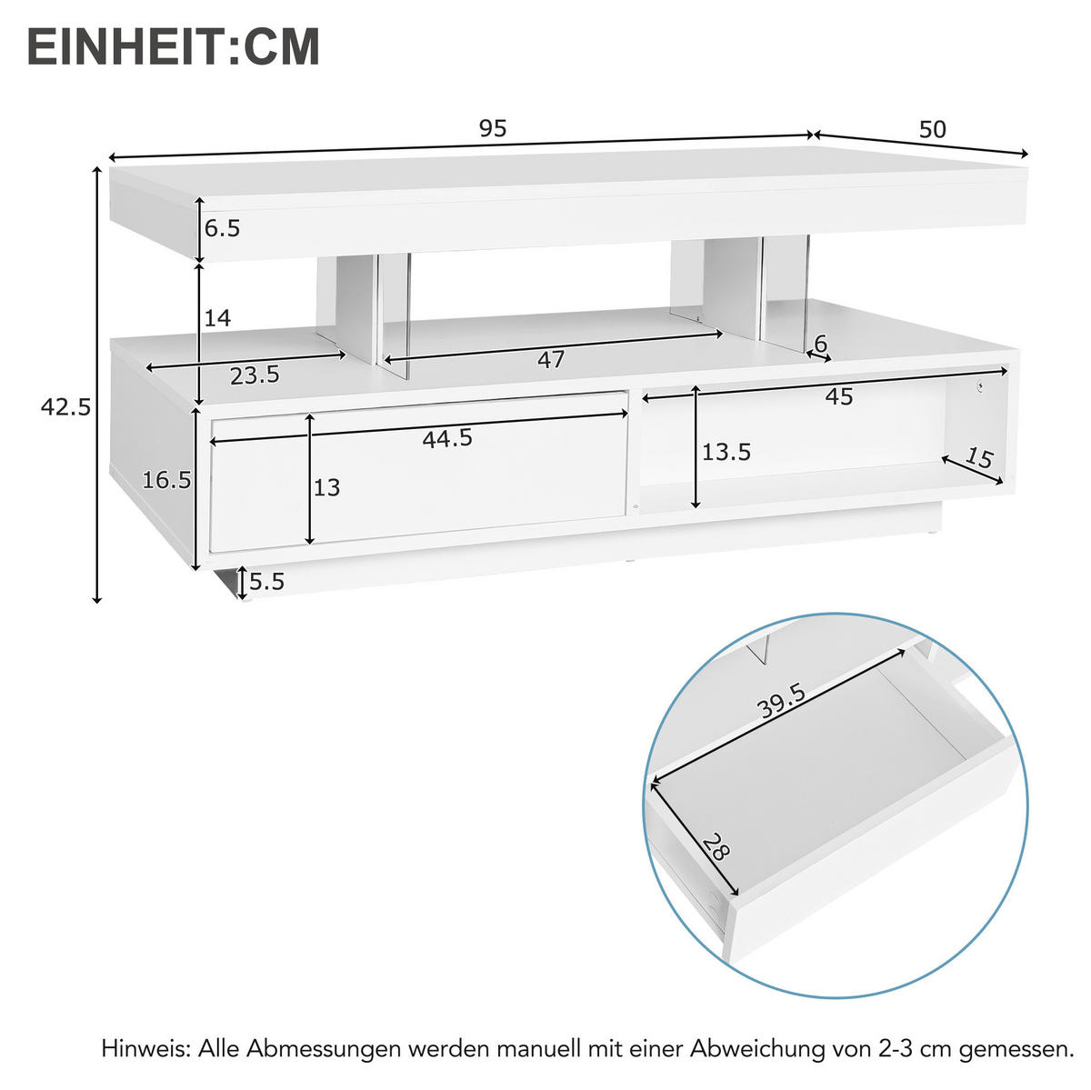 KONFERENČNÍ stolek 95/50/42,5 cm bílý z dřevotřísky s LED osvětlením a 2 zásuvkami - bílá, kompozitní dřevo (90/50/42.5cm) - OKWISH
