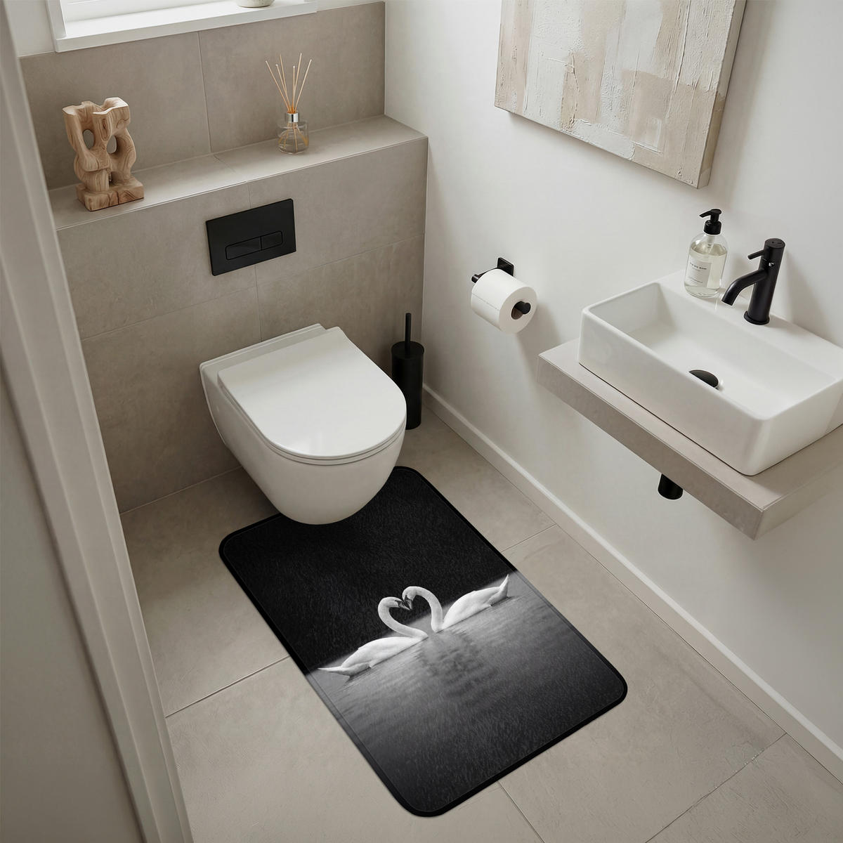 KOUPELNOVÁ PŘEDLOŽKA Labutě - srdce - černá - bílá 60x90 cm - černá, textil/plast (60/90cm)