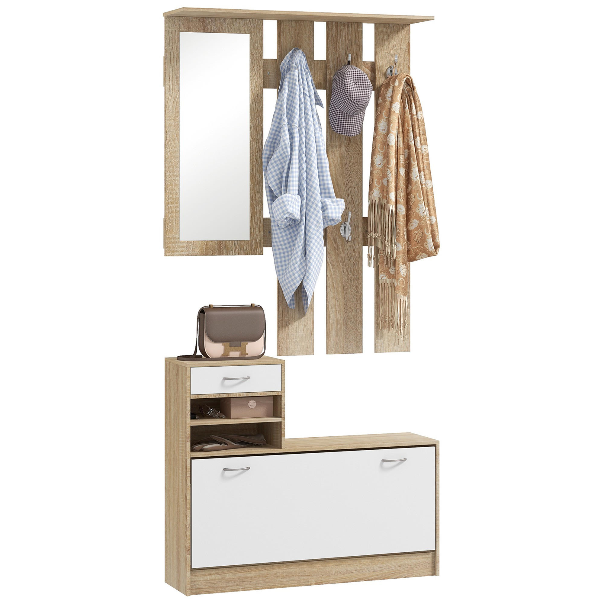 GARDEROBENSET Weiß 3-teilig mit Spiegel und Schuhschrank - Weiß, Holzwerkstoff (90/91/10cm) - PANGIVO