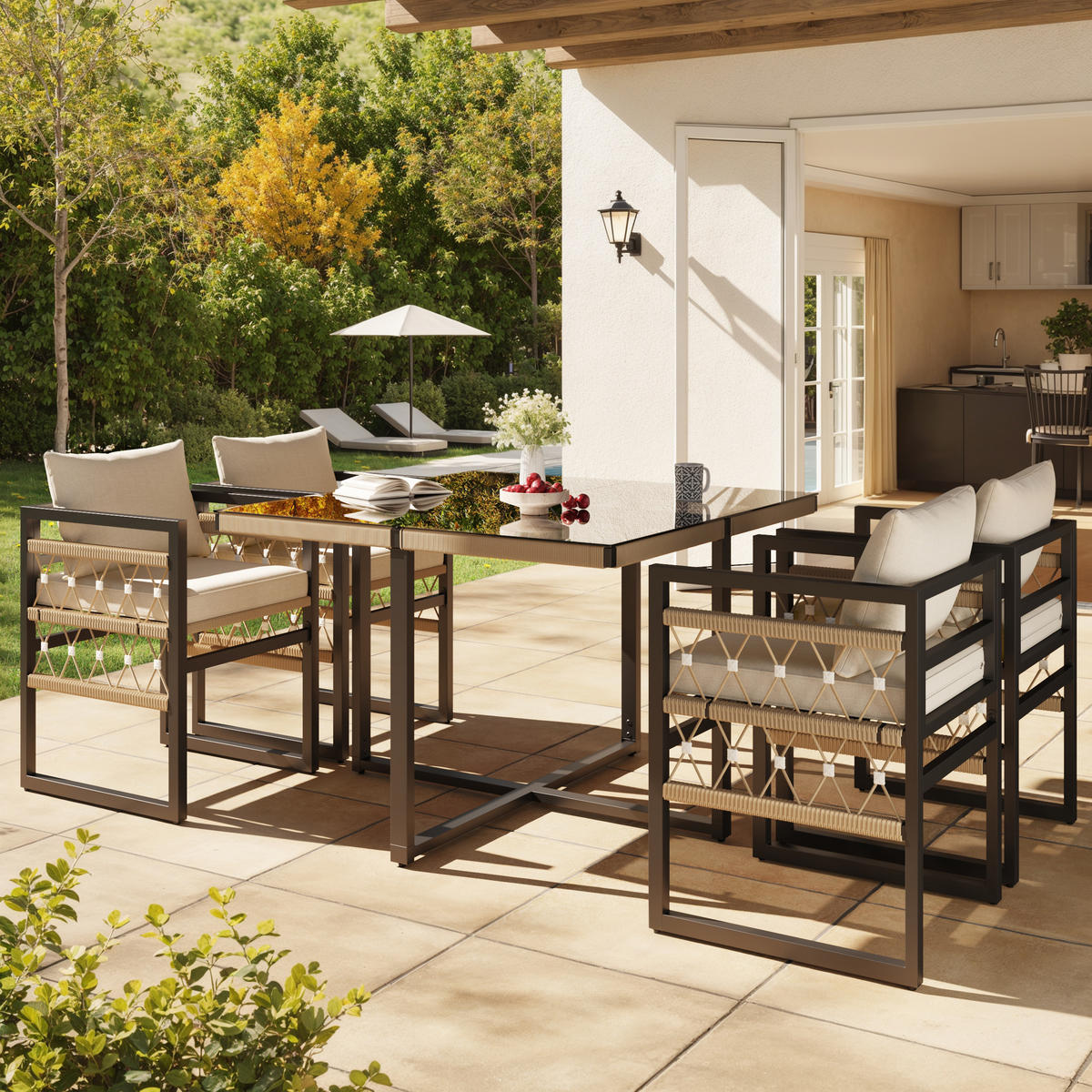 GARTENSET 4 Personen Beige Inkl. Glastisch & 4 Sesseln - Beige, Metall - FLIEKS