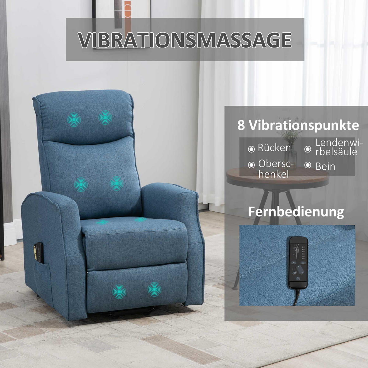 MASSAGESESSEL mit Aufstehhilfe, Leinen, Blau - Blau, Kunststoff (87.5/110/74.5cm) - HOMCOM