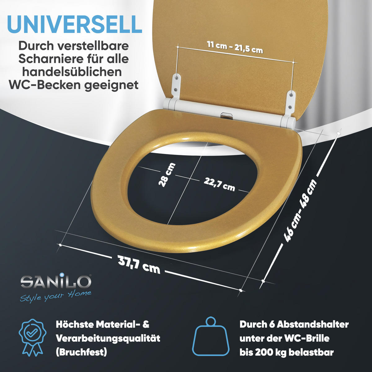 WC-SITZ mit Absenkautomatik & Top Fix Glitzer Gold - Goldfarben, Holzwerkstoff (37.7/5.5/48cm) - Sanilo