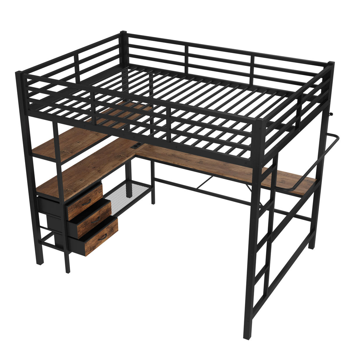 HOCHBETT 140/200 cm mit LED-Beleuchtung, Schreibtisch, Steckdose, USB, 3 Schubladen und Treppe, Schwarz - Schwarz, Metall (140/200cm) - Redom