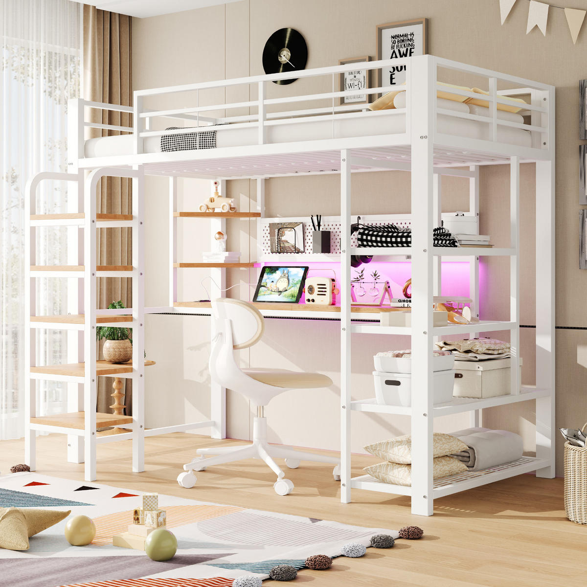 HOCHBETT 90/200 cm in Weiß mit LED, Steckdose, Schreibtisch und Ablagefächern aus Metall und Holz - Weiß, Holzwerkstoff/Metall (90/200cm) - CHICFURN