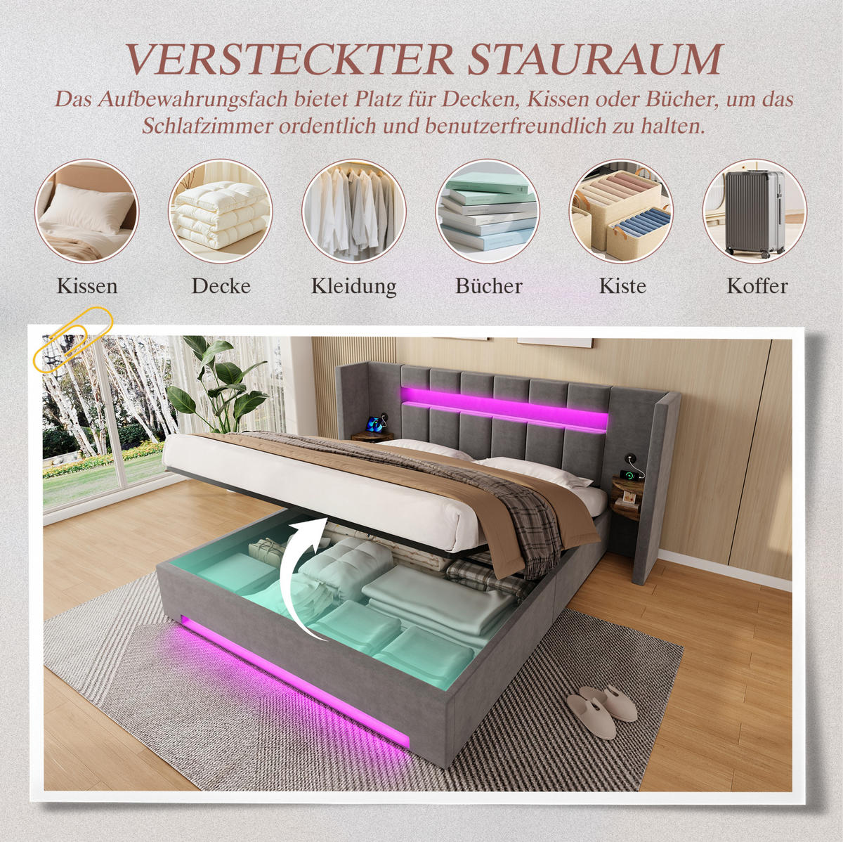 POLSTERBETT 180/200 cm mit USB-Anschlüssen, LED-Beleuchtung, Hydraulik und Stauraum, Dunkelgrau - Dunkelgrau, Textil (180/200cm) - Redom