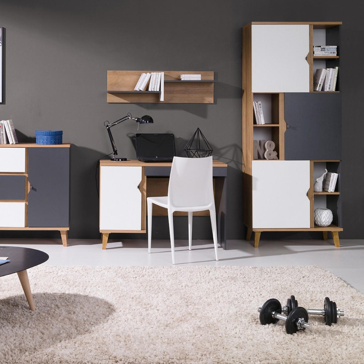 JUGENDBETT Moreno mit Bettkasten 90×200, Eiche gold/mattweiß/graphit - Eichefarben/Graphitfarben, Holzwerkstoff/Kunststoff - Beautysofa