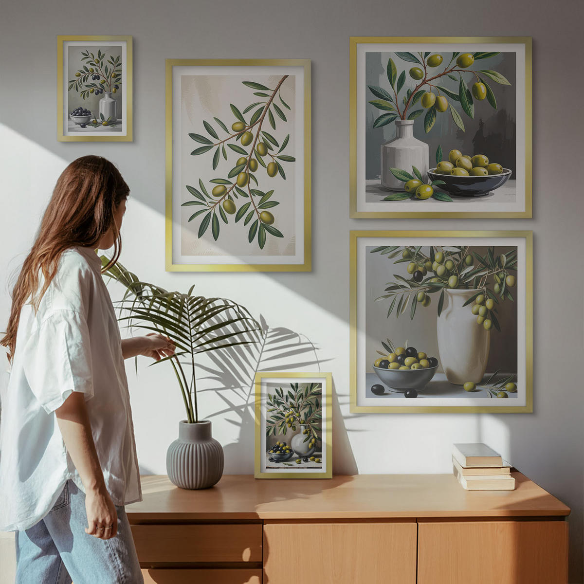 WANDBILDER 5er Set - 50x50 cm & 20x30 cm & 40x60 cm Goldrahmen - Oliven in grauen Vasen - Goldfarben, Kunststoff (40/60cm) - ArtPrintCave