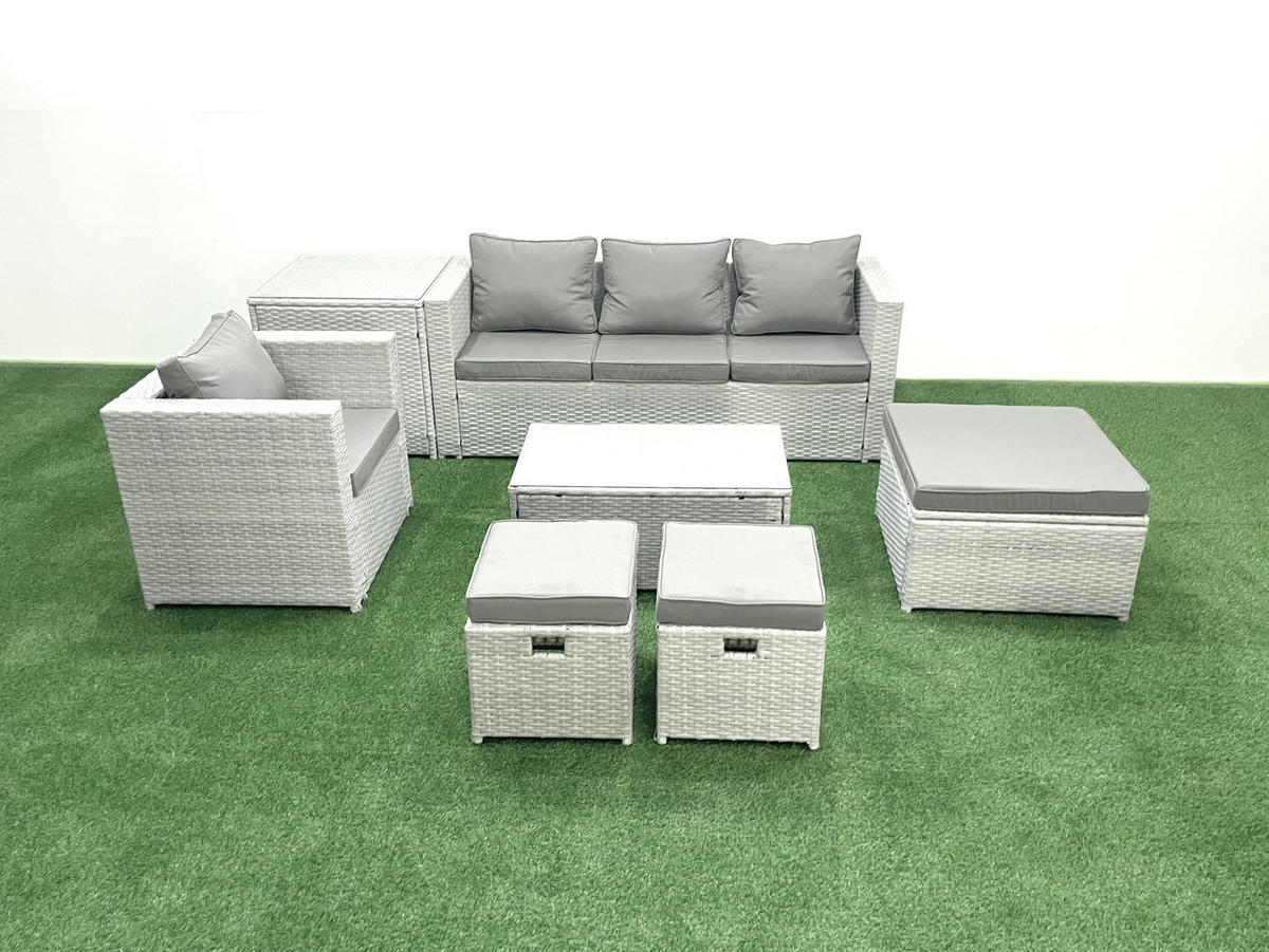 GARTENSET mit 3-SITZER SOFA,COUCHTISCH Polyrattan Hellgrau-Mix 7-Sitzer - Hellgrau/Grau, Glas/Kunststoff - Fimous