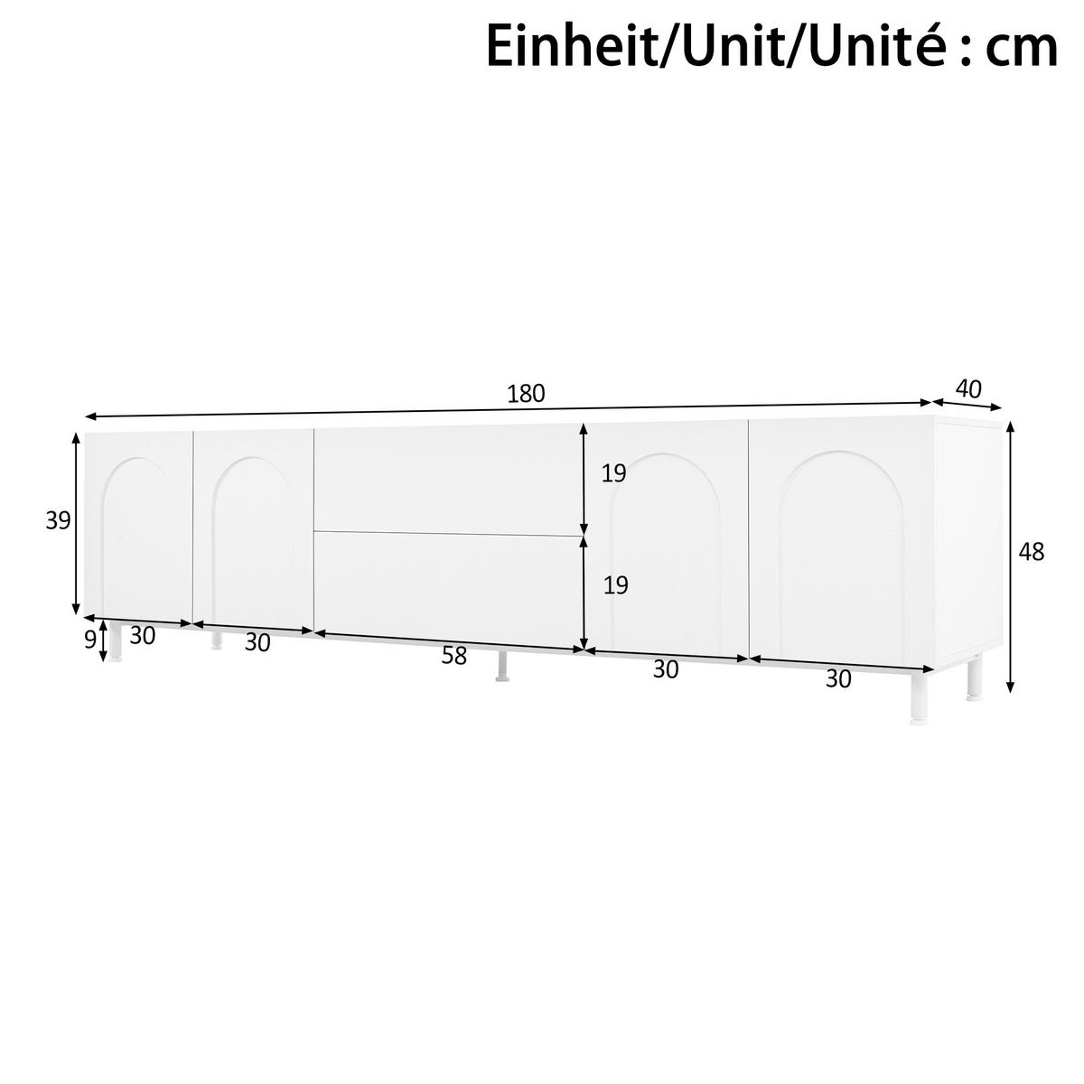 TV-SCHRANK 4 Türen 2 Schubladen Bogen Türen Modern - Weiß, Holzwerkstoff (180/48/40cm) - FLIEKS