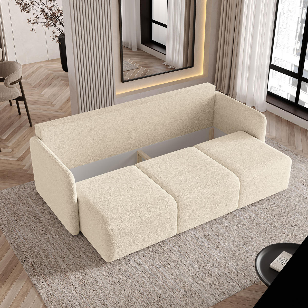 BETTSOFA SUVI III Q Creme Bucle-Stoff mit Schlaffunktion - Creme, Textil (220/85/90cm) - MASSENO
