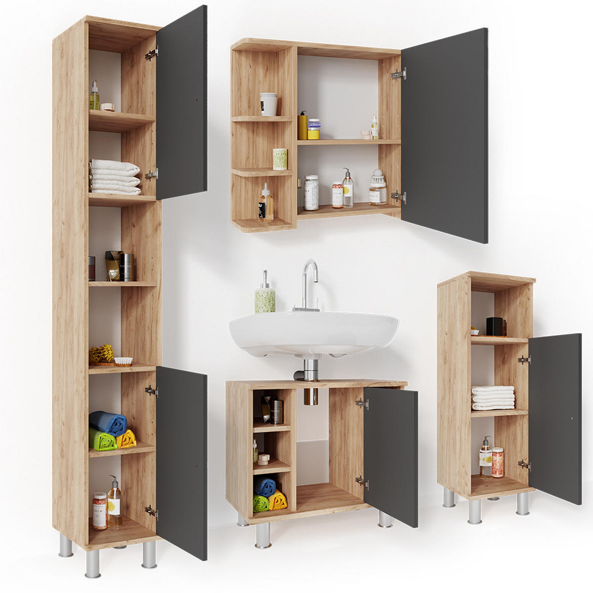 BADMÖBEL-SET Fynn Eiche 4 Teile - Eichefarben/Anthrazit, Holzwerkstoff (60/54/32cm) - Vicco