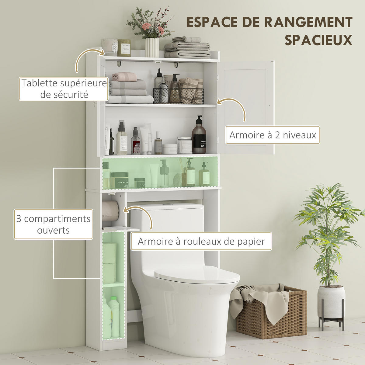 BADEZIMMERREGAL DE-15932 mit Toilettenpapierhalter Weiß - Weiß, Holzwerkstoff (19.5/170/80cm) - ComfortXL