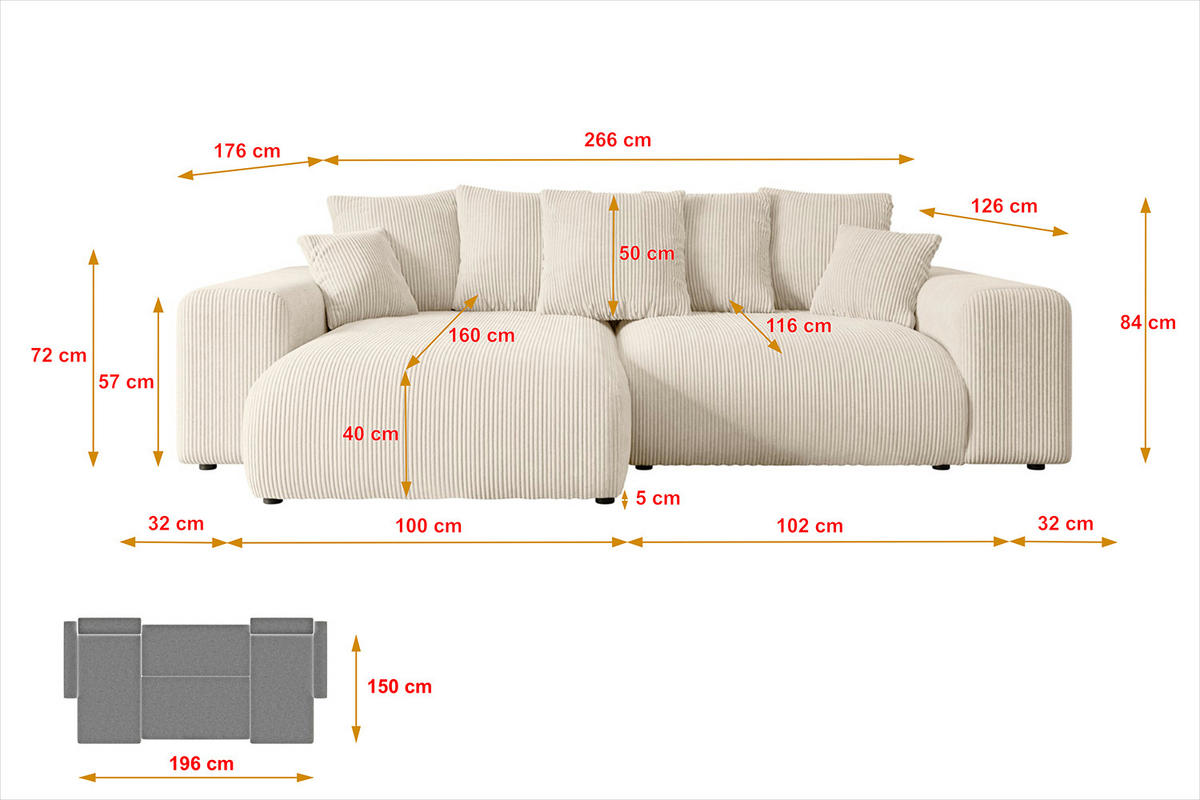 ECKSOFA Ottomane rechts ESKAR-L 266x176x84 Taupe Cord - Taupe/Schwarz, Holzwerkstoff/Kunststoff (176/266cm) - ALTDECOR