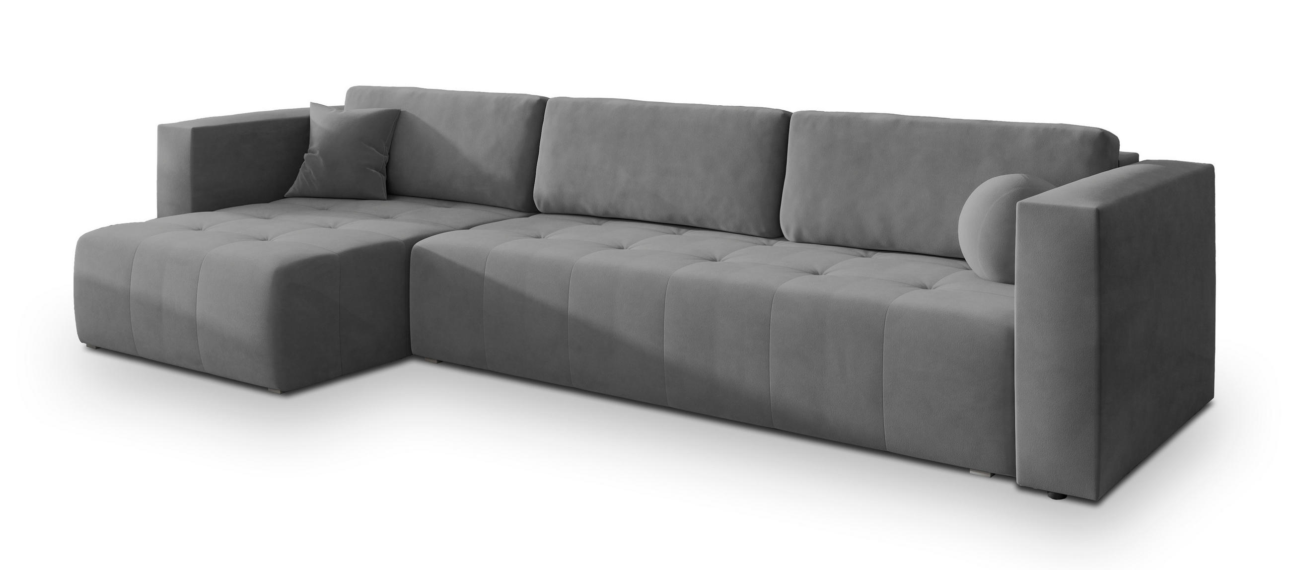 ECKSOFA OLVERA Grau Plüsch-Stoff mit Schlaffunktion - Grau, Holz (347/148cm) - MASSENO