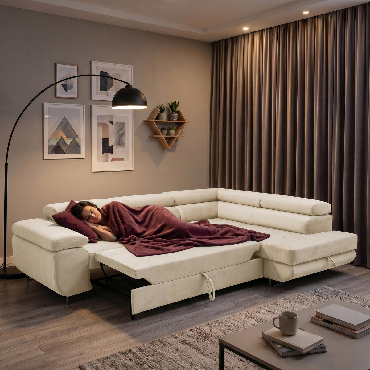 ECKSOFA WILD L Rechts mit Schlaffunktion 127x195 Velours Beige - Chromfarben/Beige, Holz/Textil (274/203cm) - Muffo