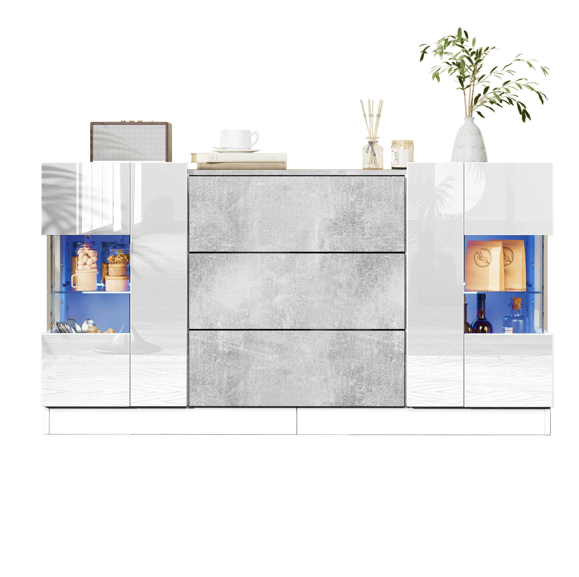 SIDEBOARD 140/35/75 cm mit 2 Türen, 3 Schubladen & LED in Weiß-Marmorlook - Weiß, Holzwerkstoff (140/75/35cm) - BEAOK