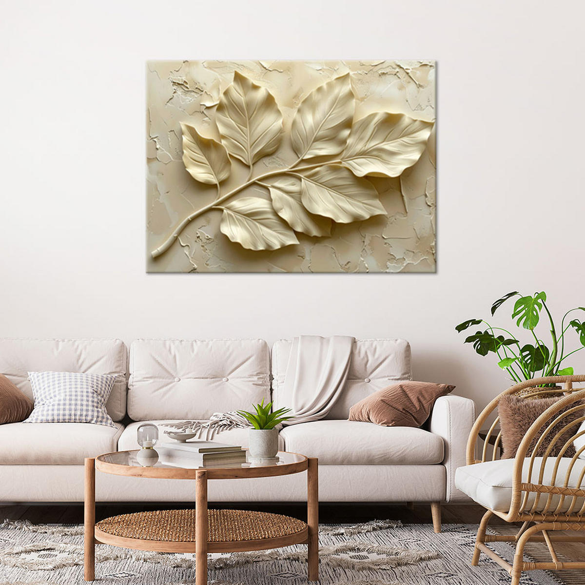LEINWANDBILDER, Weiße Blätter in Reliefkomposition - Beige, Textil (100/70cm) - Feeby