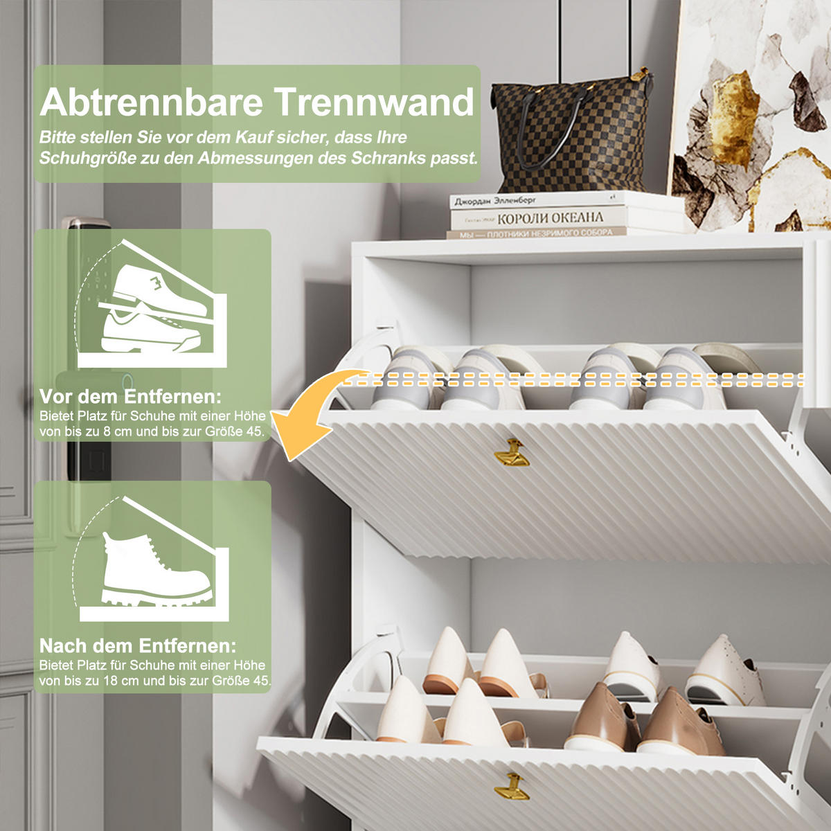 SCHUHSCHRANK mit Wellenfront 3 Klappen 1 Schublade 1 Tür Für Flur Und Eingangsbereich Weiß 121 X 90 X 25 Cm - Goldfarben/Weiß, Holzwerkstoff/Metall (90/121/30cm) - EVRYAE