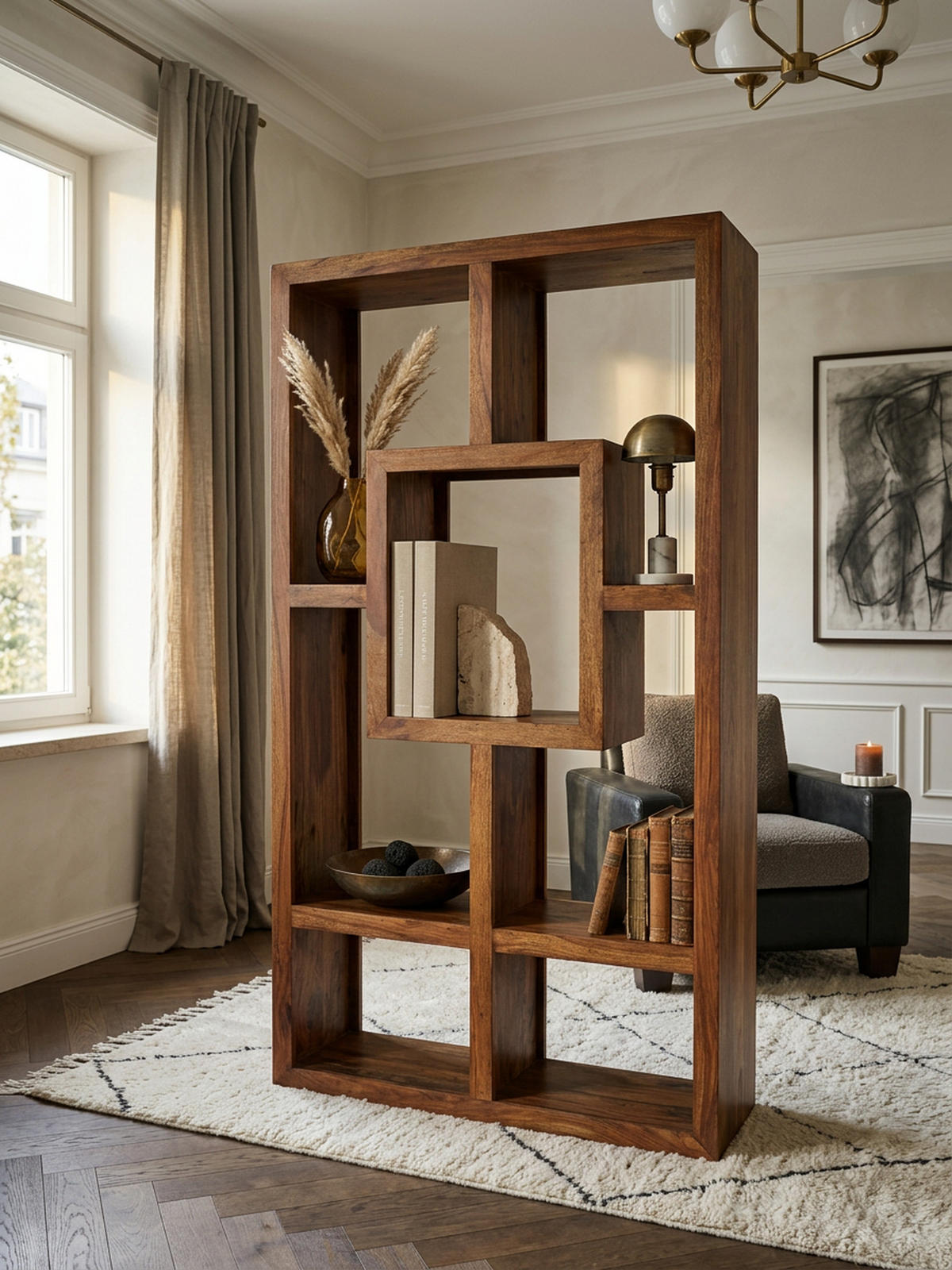 BÜCHERREGAL – NAKO, Naturholz, 90x180 cm, Landhausstil, mit Ablagefächern - Braun, Holz (90/180/35cm) - KADIMA DESIGN